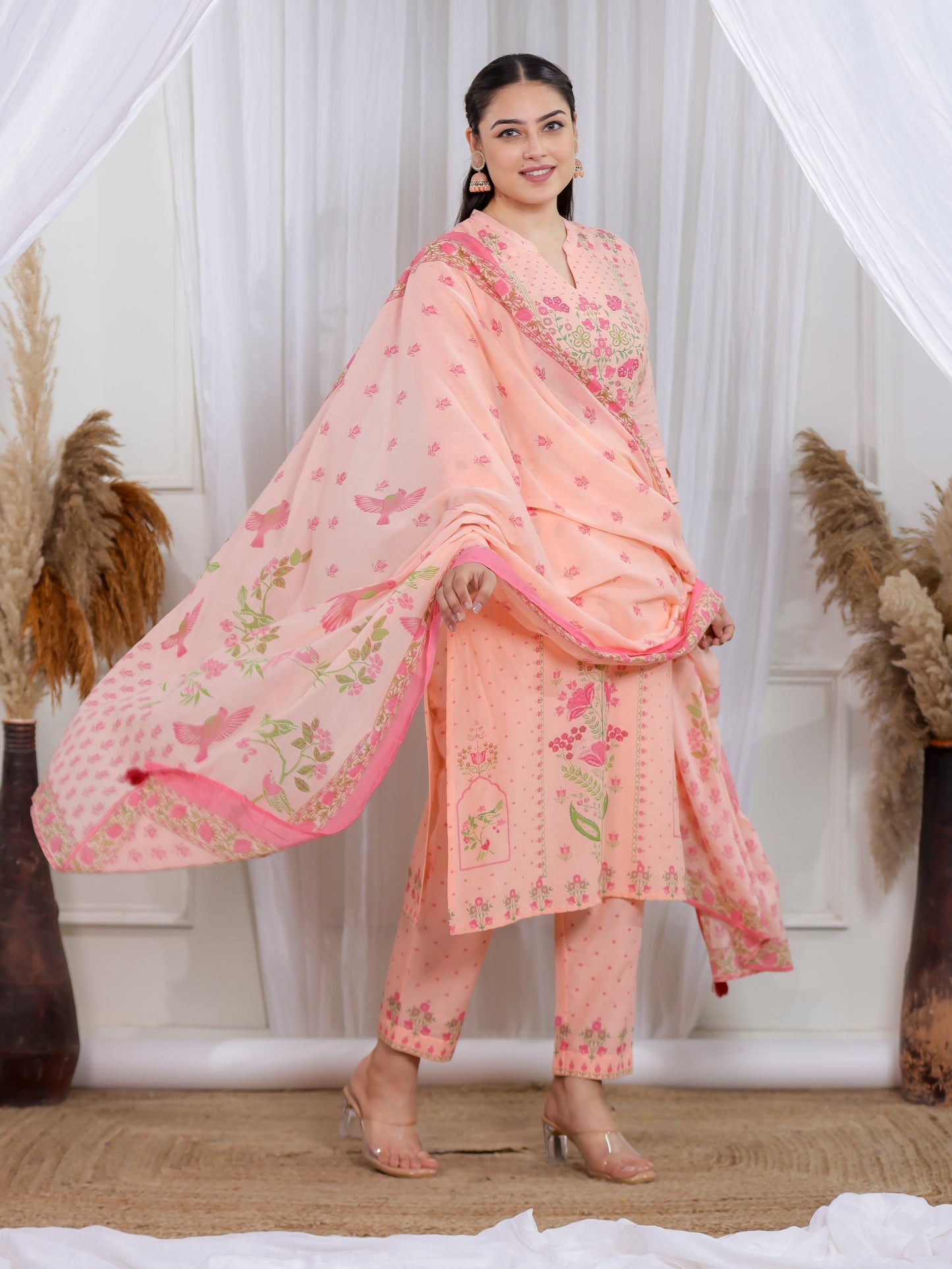 Soft Cotton Floral Straight Peach Kurta