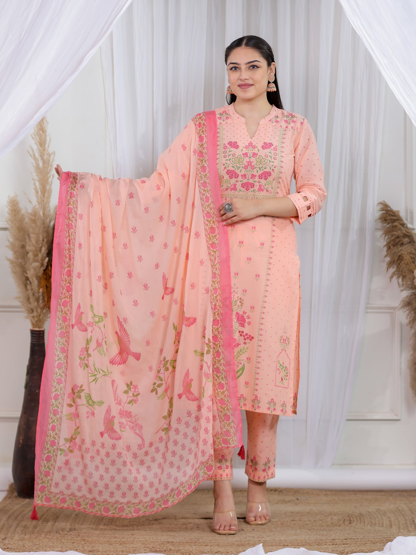 Soft Cotton Floral Straight Peach Kurta