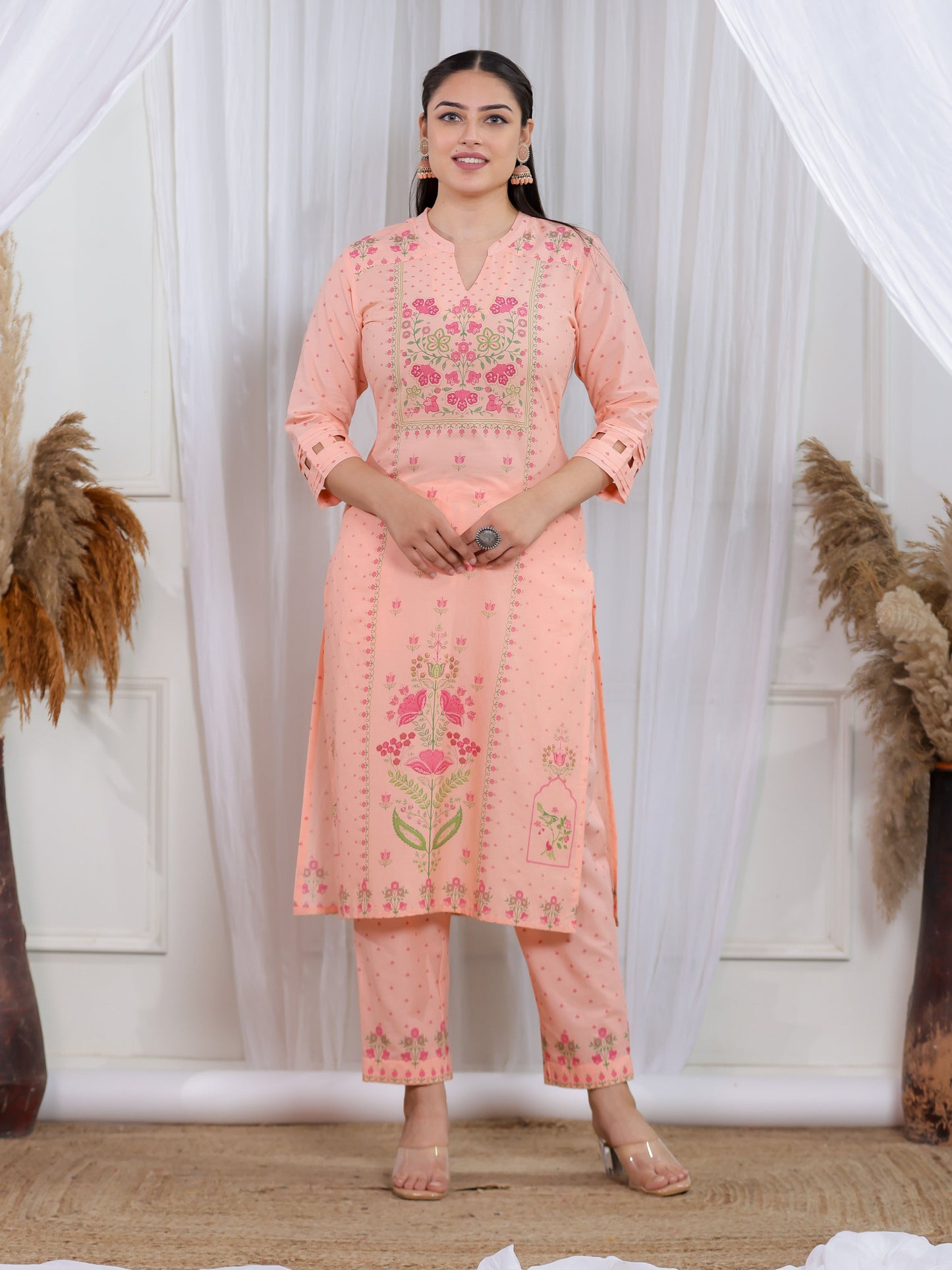 Soft Cotton Floral Straight Peach Kurta