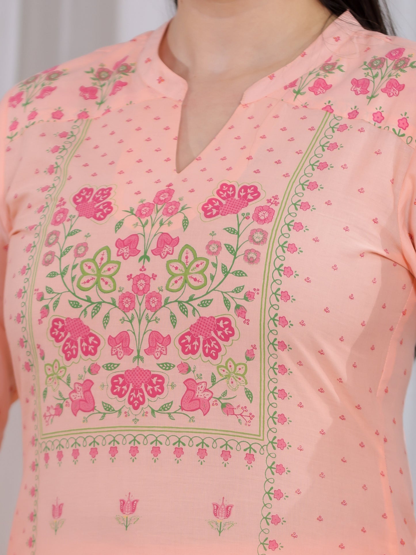 Soft Cotton Floral Straight Peach Kurta