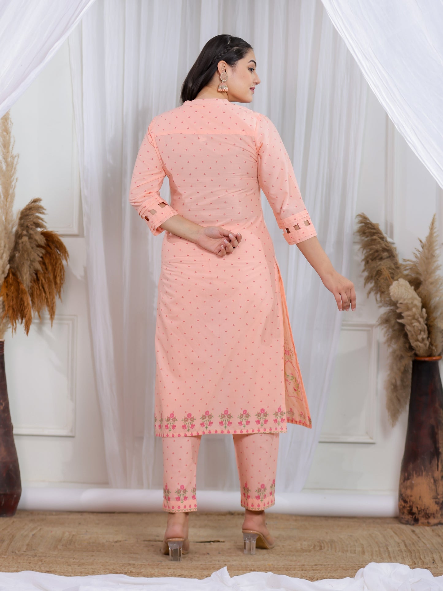 Soft Cotton Floral Straight Peach Kurta