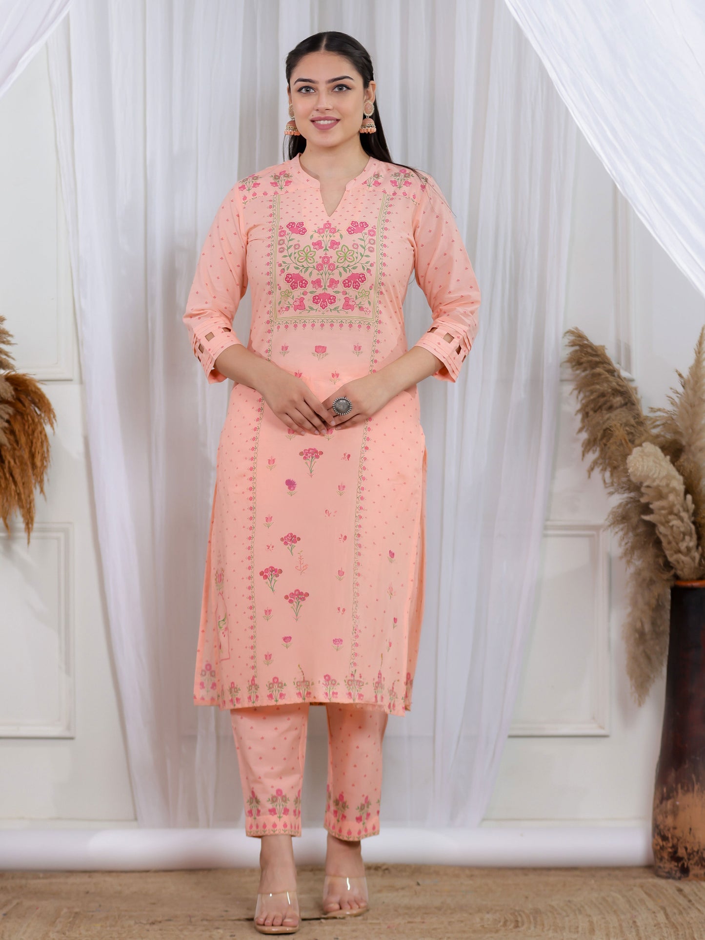 Soft Cotton Floral Straight Peach Kurta