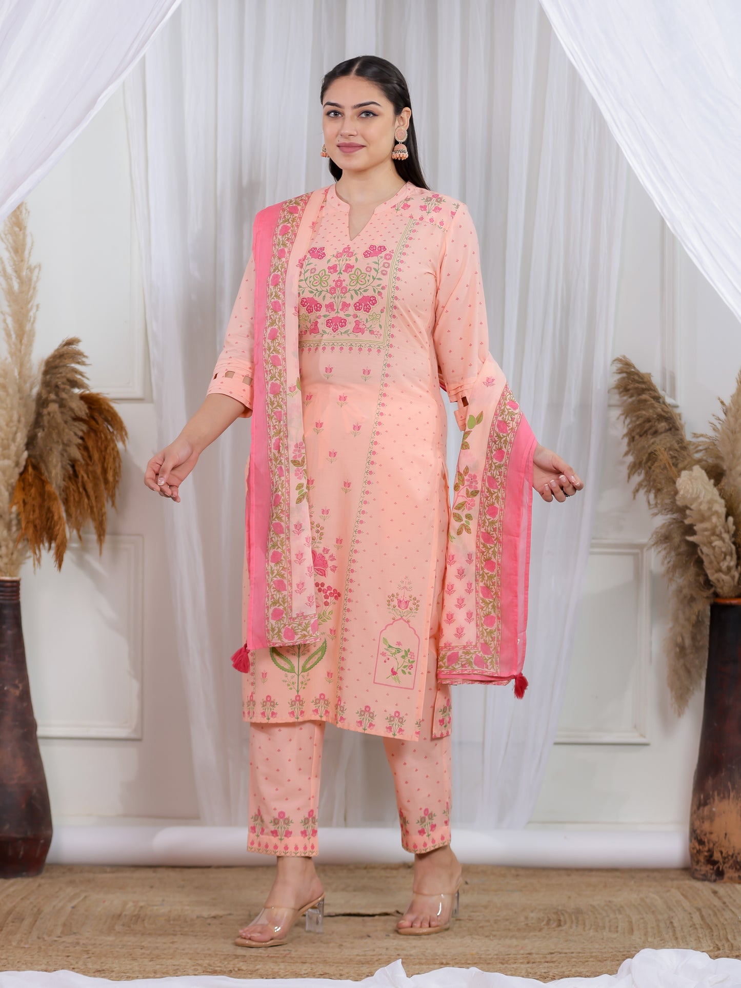 Soft Cotton Floral Straight Peach Kurta