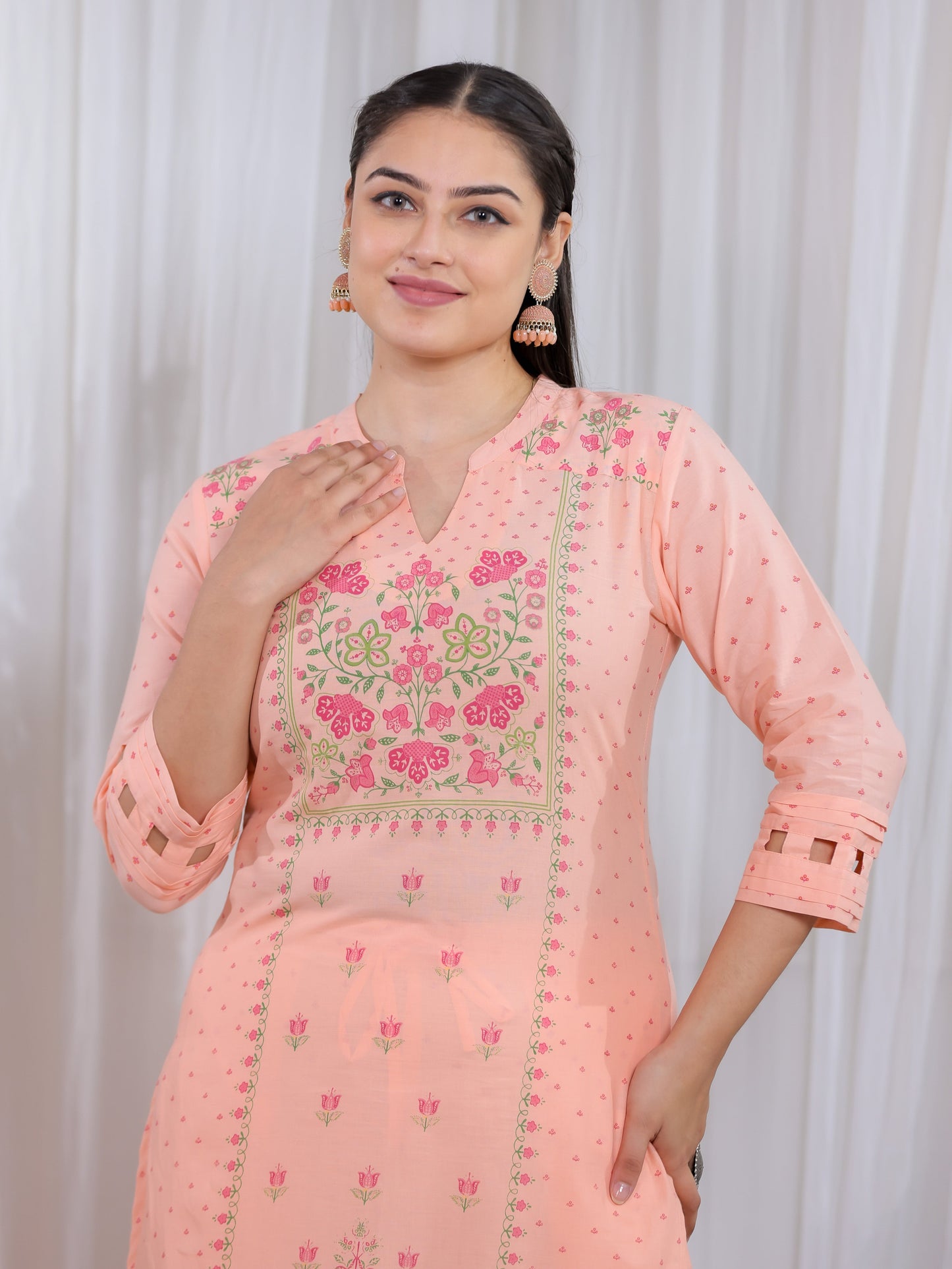 Soft Cotton Floral Straight Peach Kurta