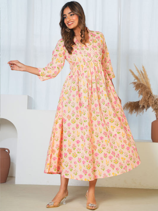 Embroidered Soft Cotton Floral Anarkali Peach Dress