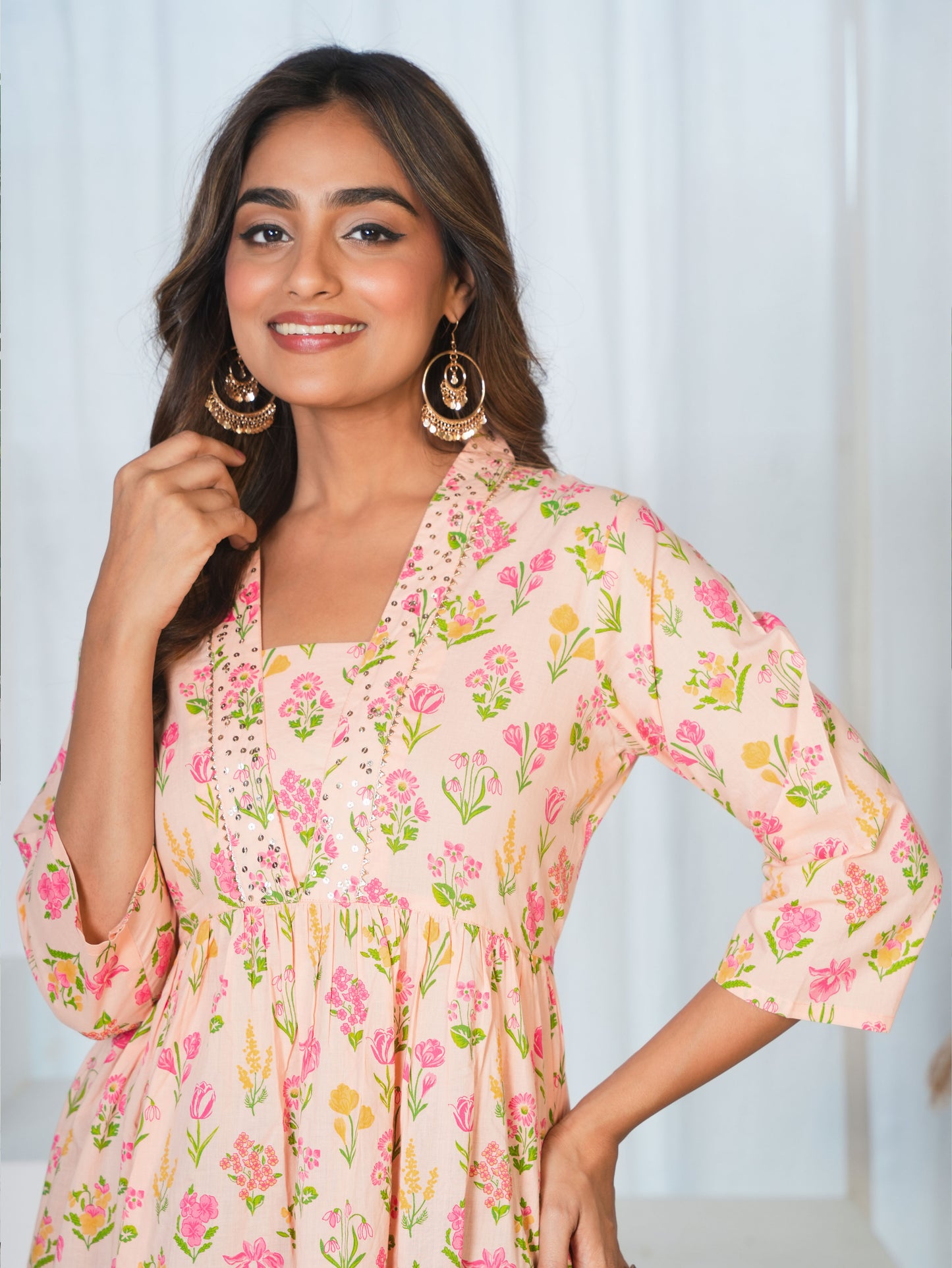 Embroidered Soft Cotton Floral Anarkali Peach Dress