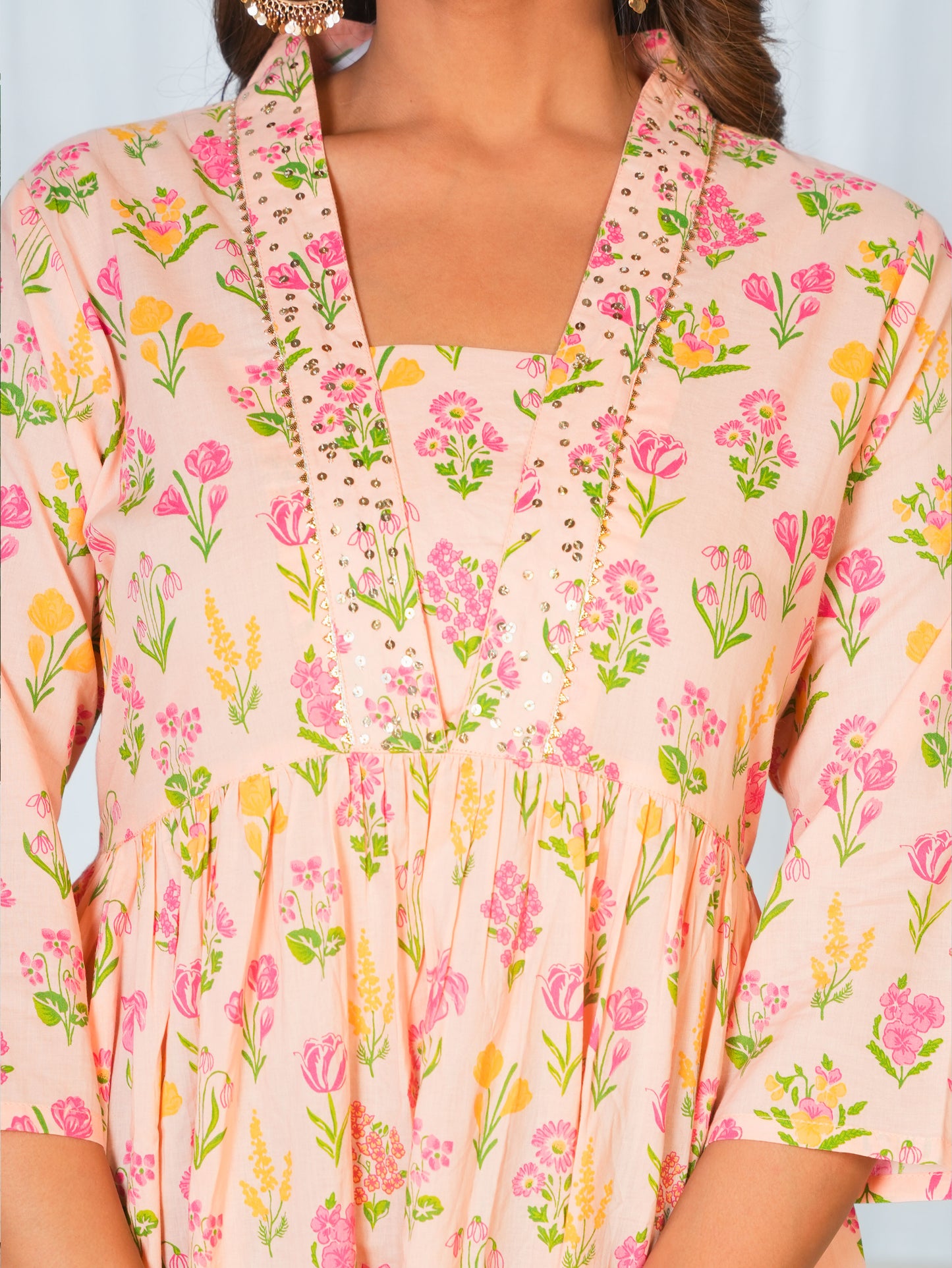 Embroidered Soft Cotton Floral Anarkali Peach Dress