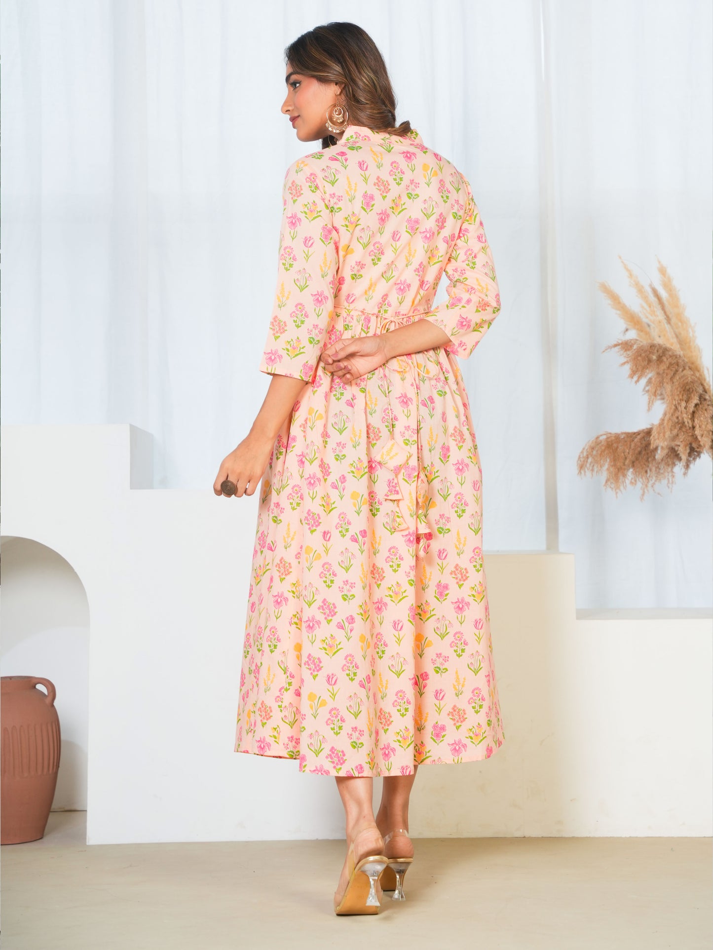 Embroidered Soft Cotton Floral Anarkali Peach Dress