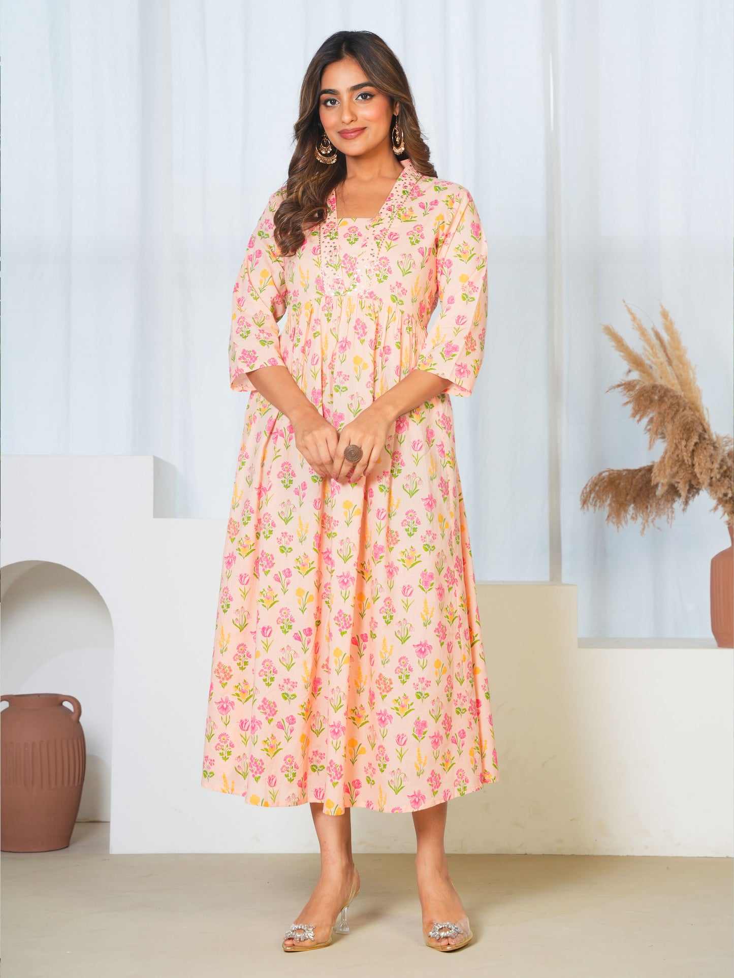 Embroidered Soft Cotton Floral Anarkali Peach Dress