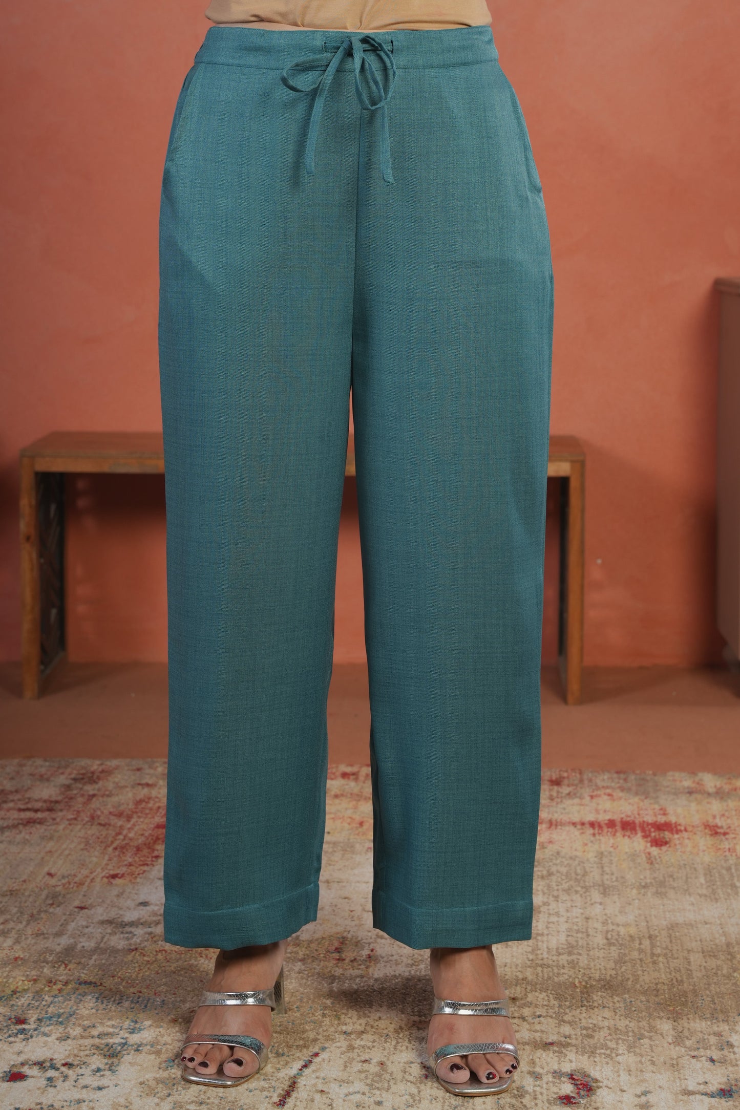 Blended Silk Solid Teal Straight Trousers