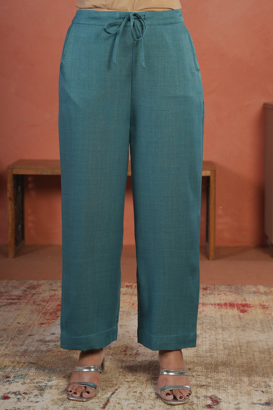 Blended Silk Solid Teal Straight Trousers