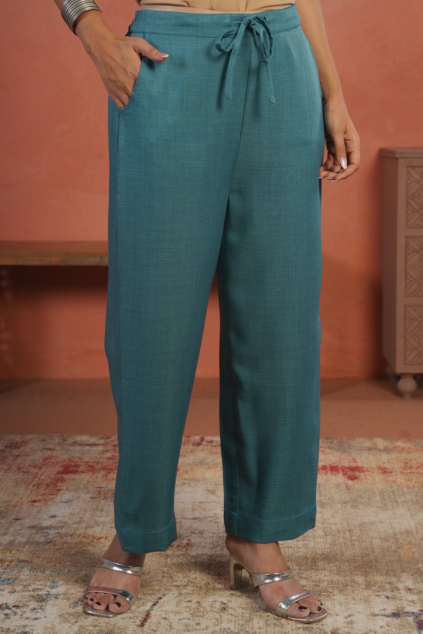 Blended Silk Solid Teal Straight Trousers