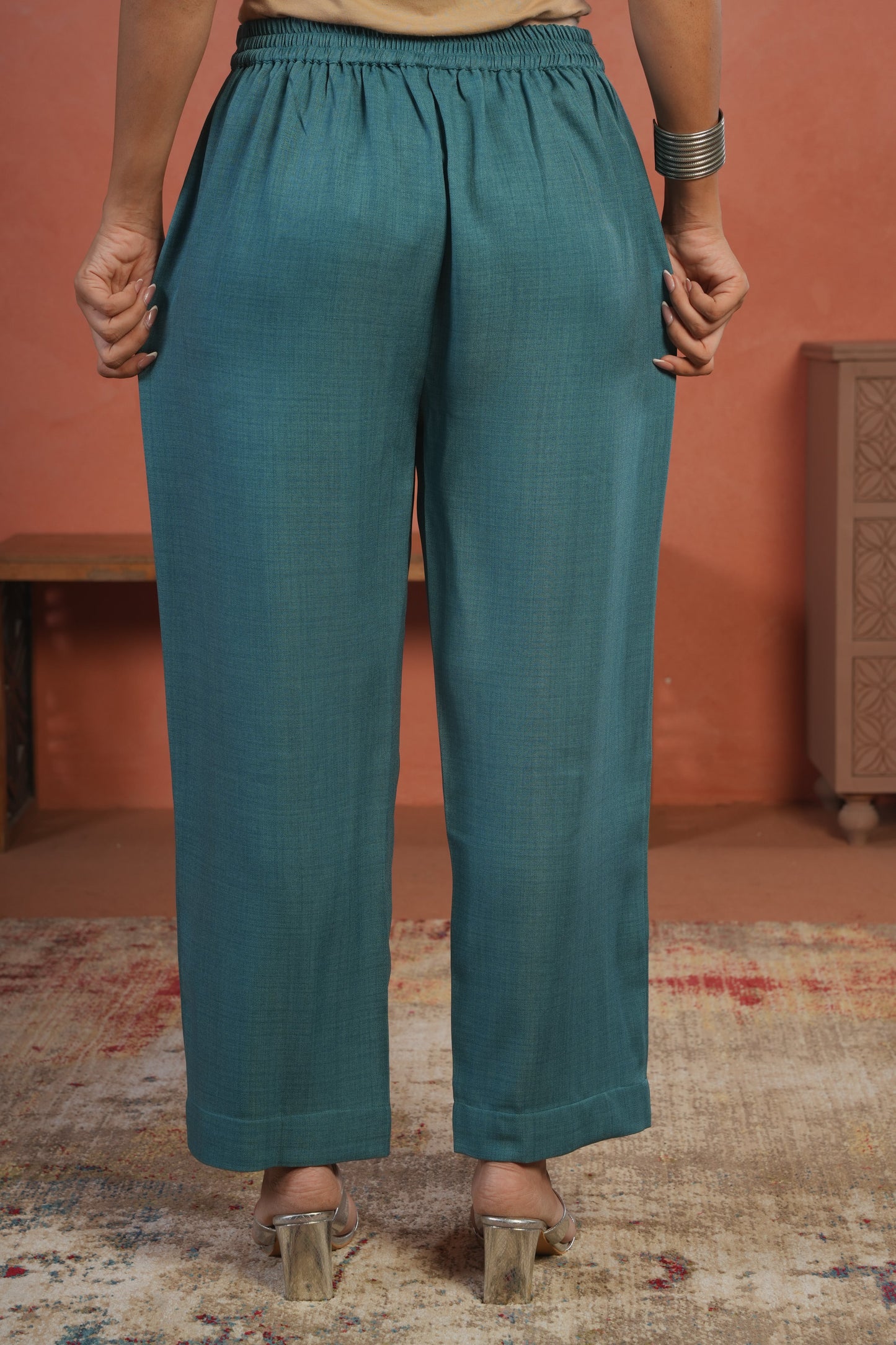 Blended Silk Solid Teal Straight Trousers