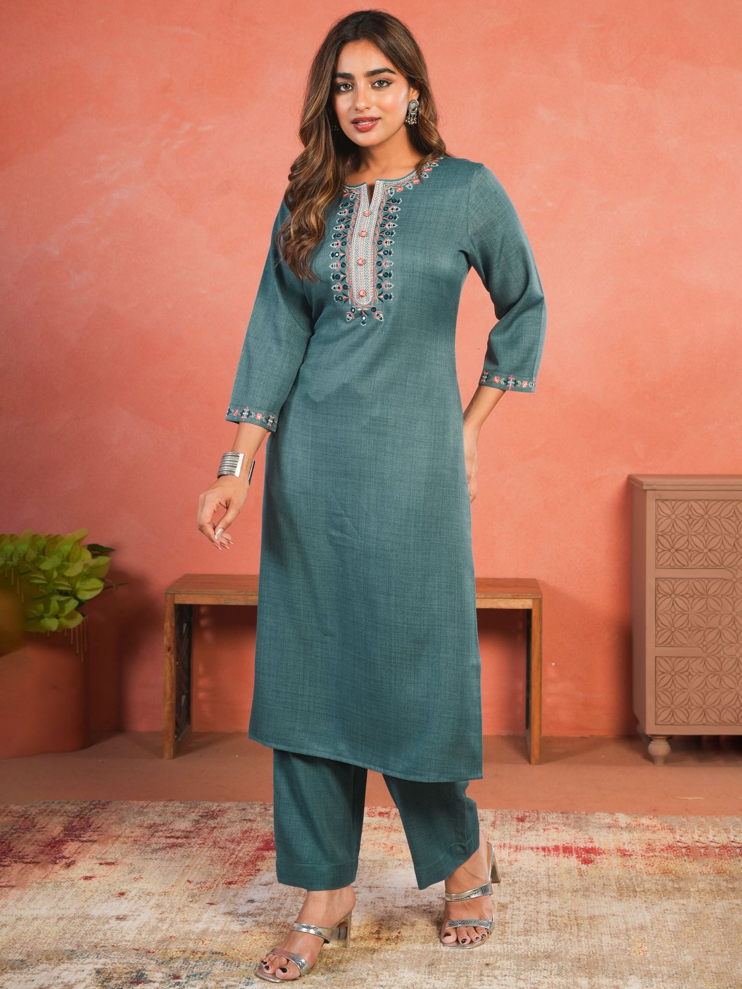 Embroidered Blended Silk Solid Straight Teal Kurta