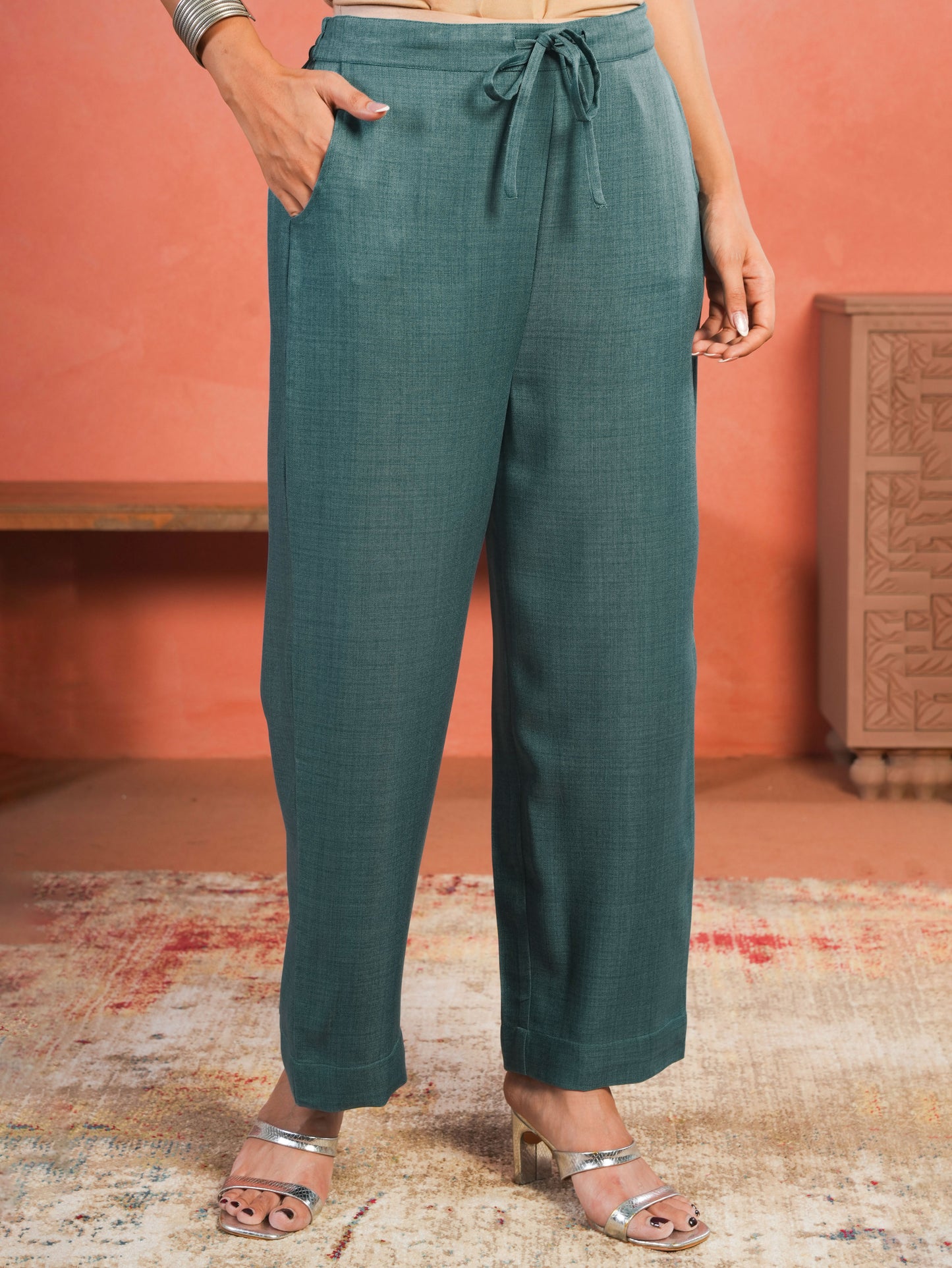 Embroidered Blended Silk Solid Straight Teal Kurta