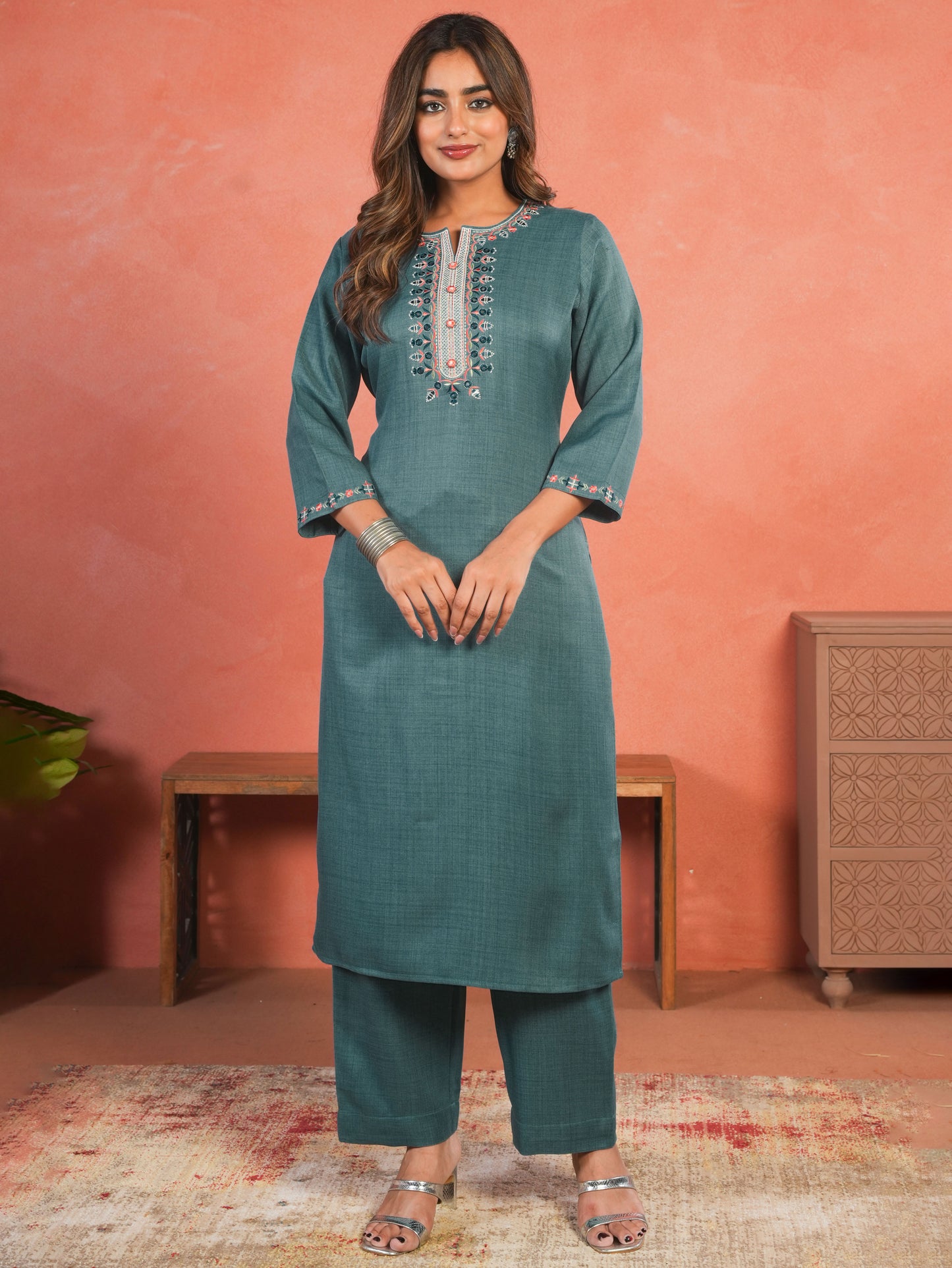Embroidered Blended Silk Solid Straight Teal Kurta
