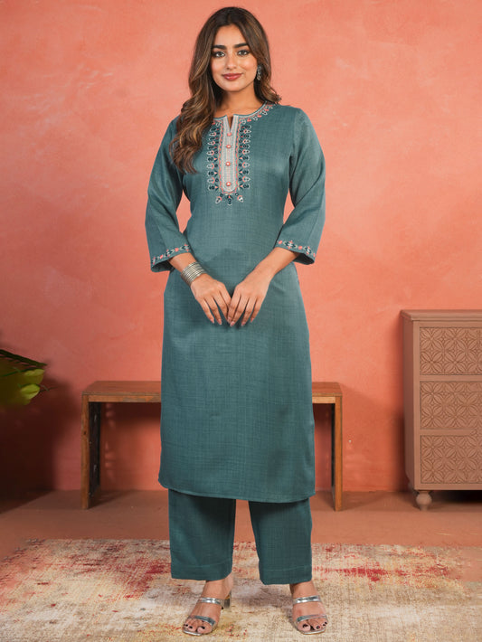 Embroidered Blended Silk Solid Straight Teal Kurta