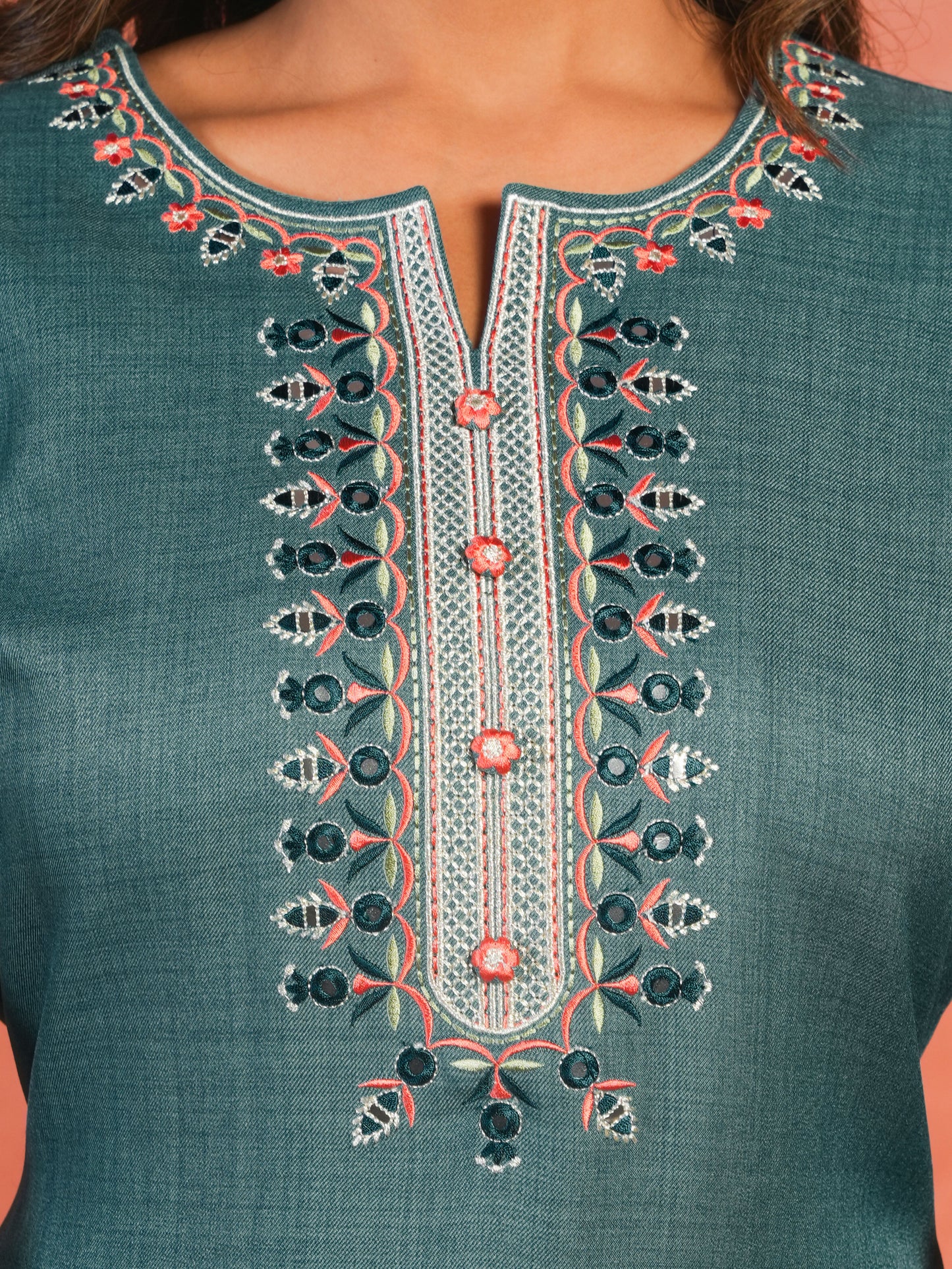 Embroidered Blended Silk Solid Straight Teal Kurta