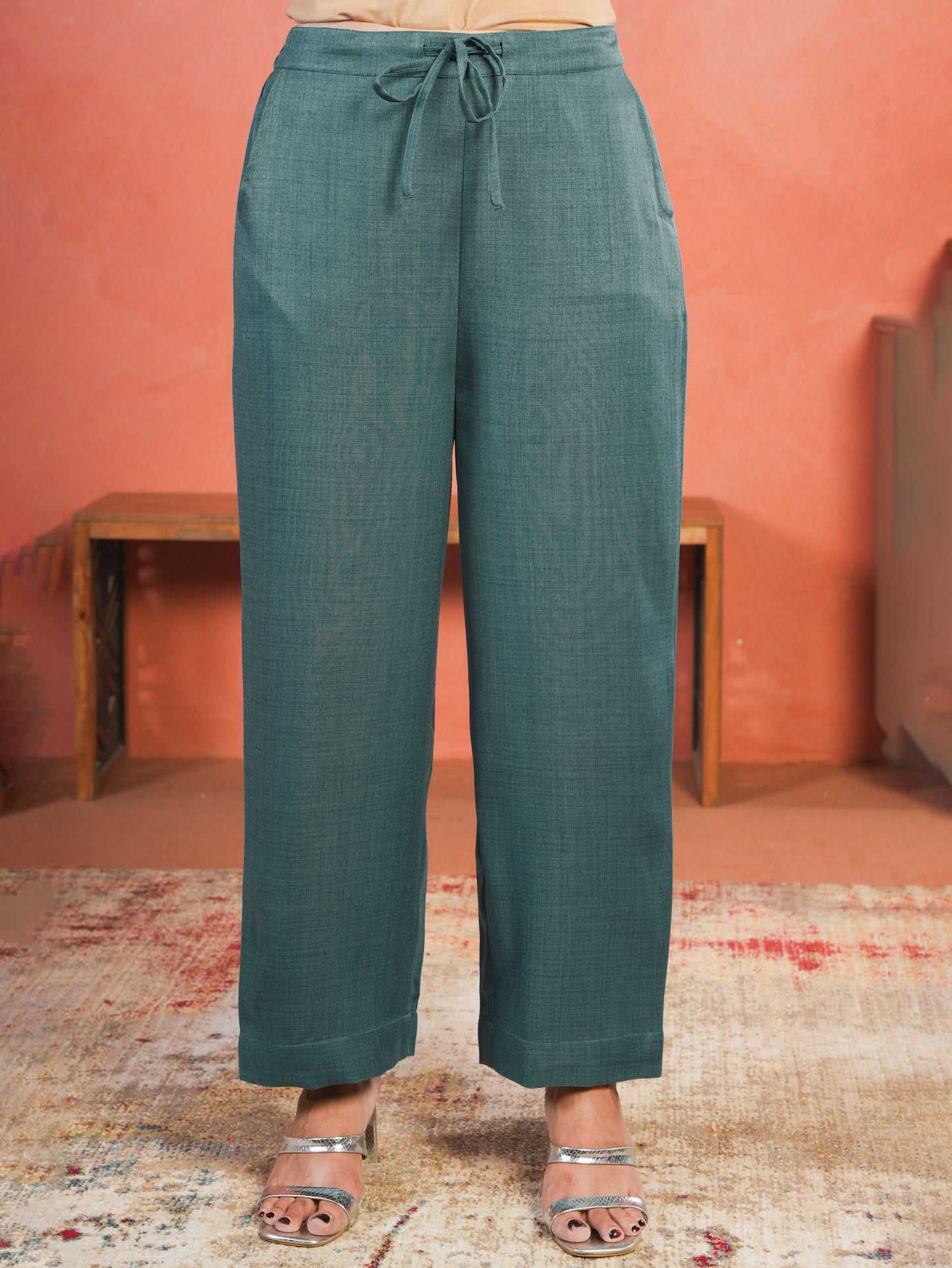 Embroidered Blended Silk Solid Straight Teal Kurta
