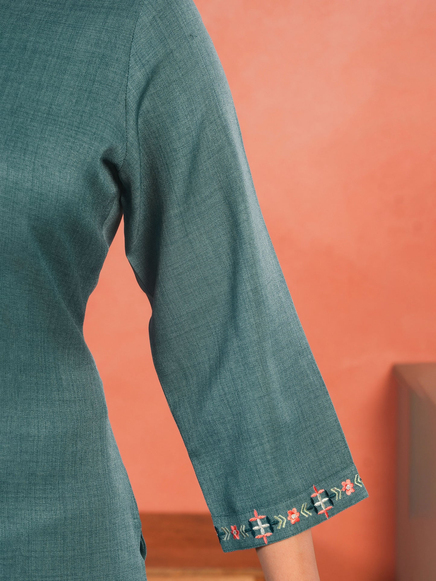 Embroidered Blended Silk Solid Straight Teal Kurta