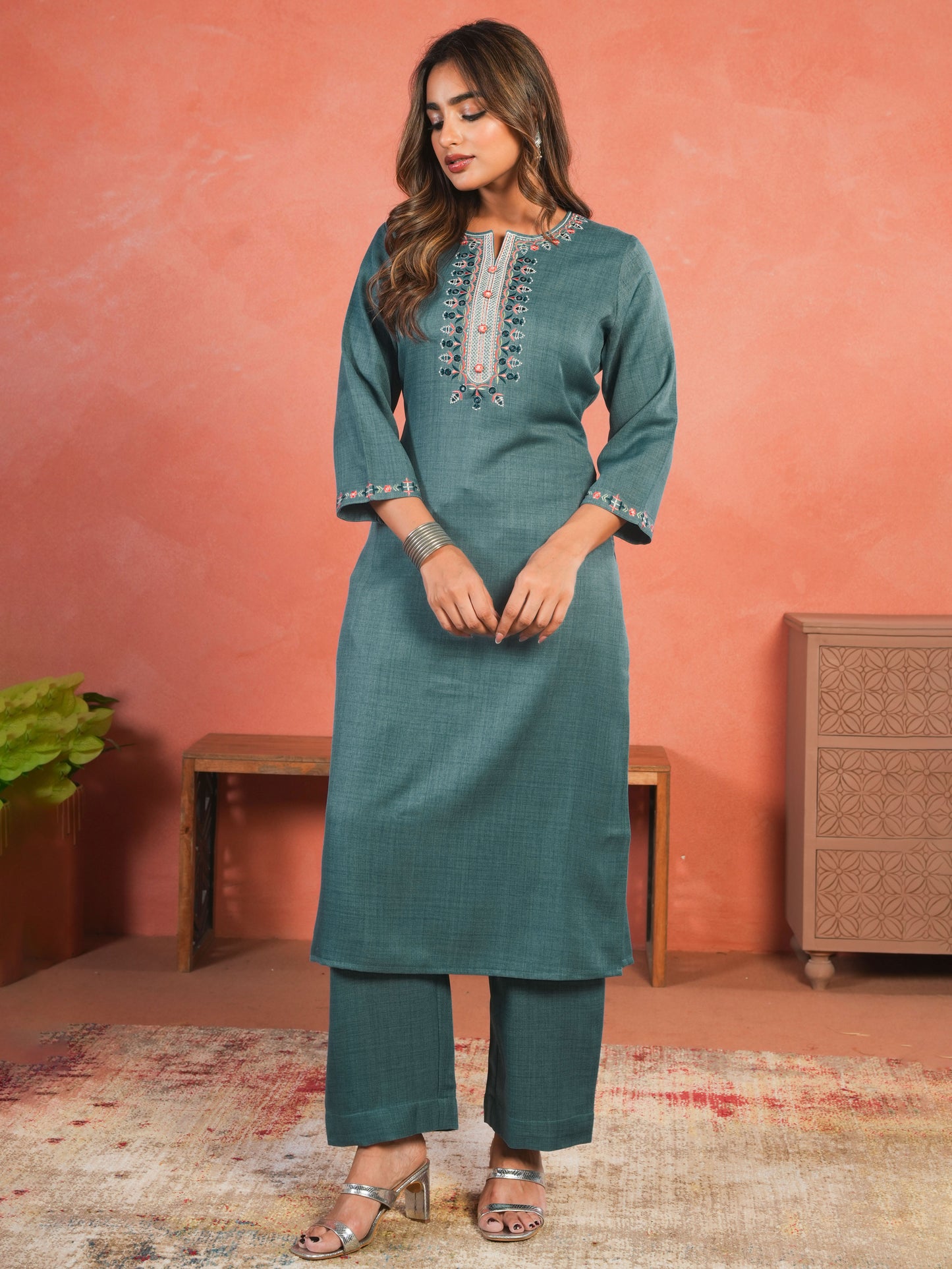 Embroidered Blended Silk Solid Straight Teal Kurta