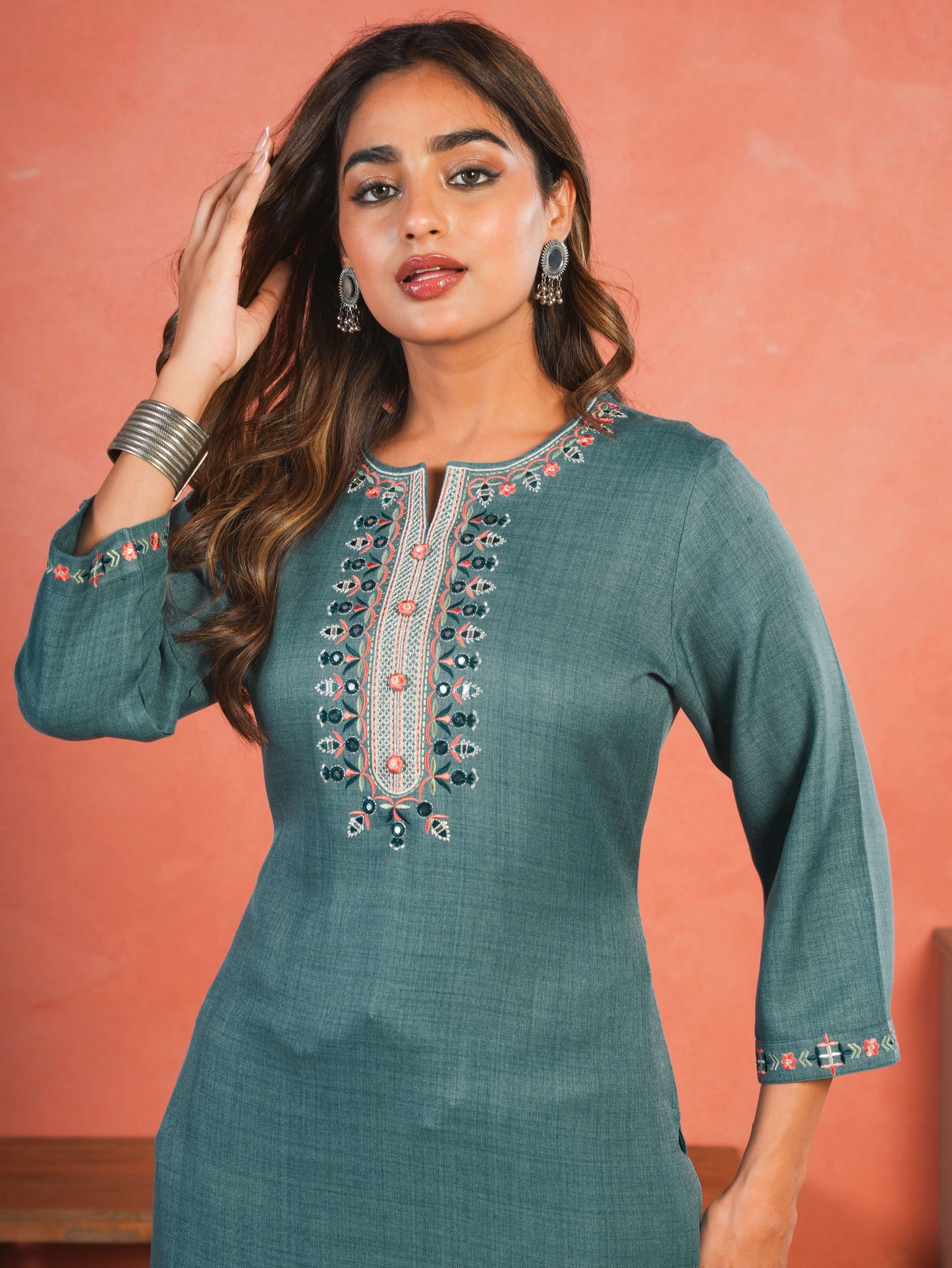 Embroidered Blended Silk Solid Straight Teal Kurta