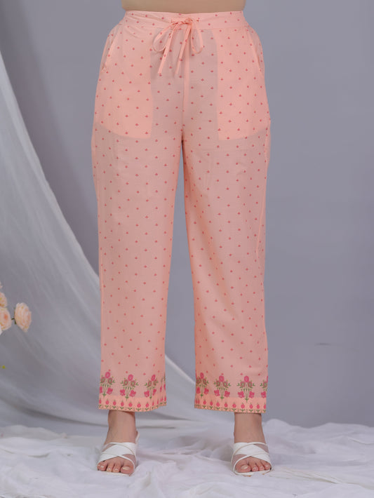 Soft Cotton Floral Peach Straight Trousers