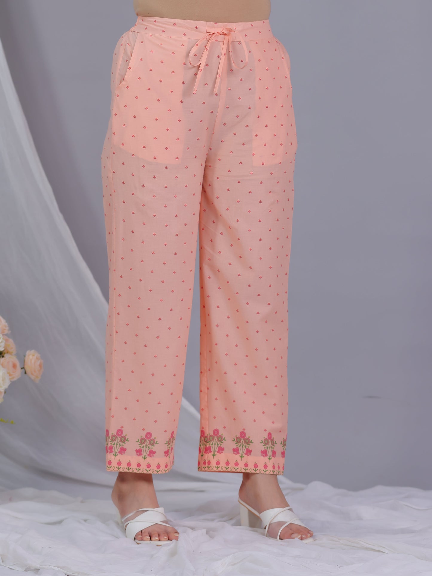 Soft Cotton Floral Peach Straight Trousers