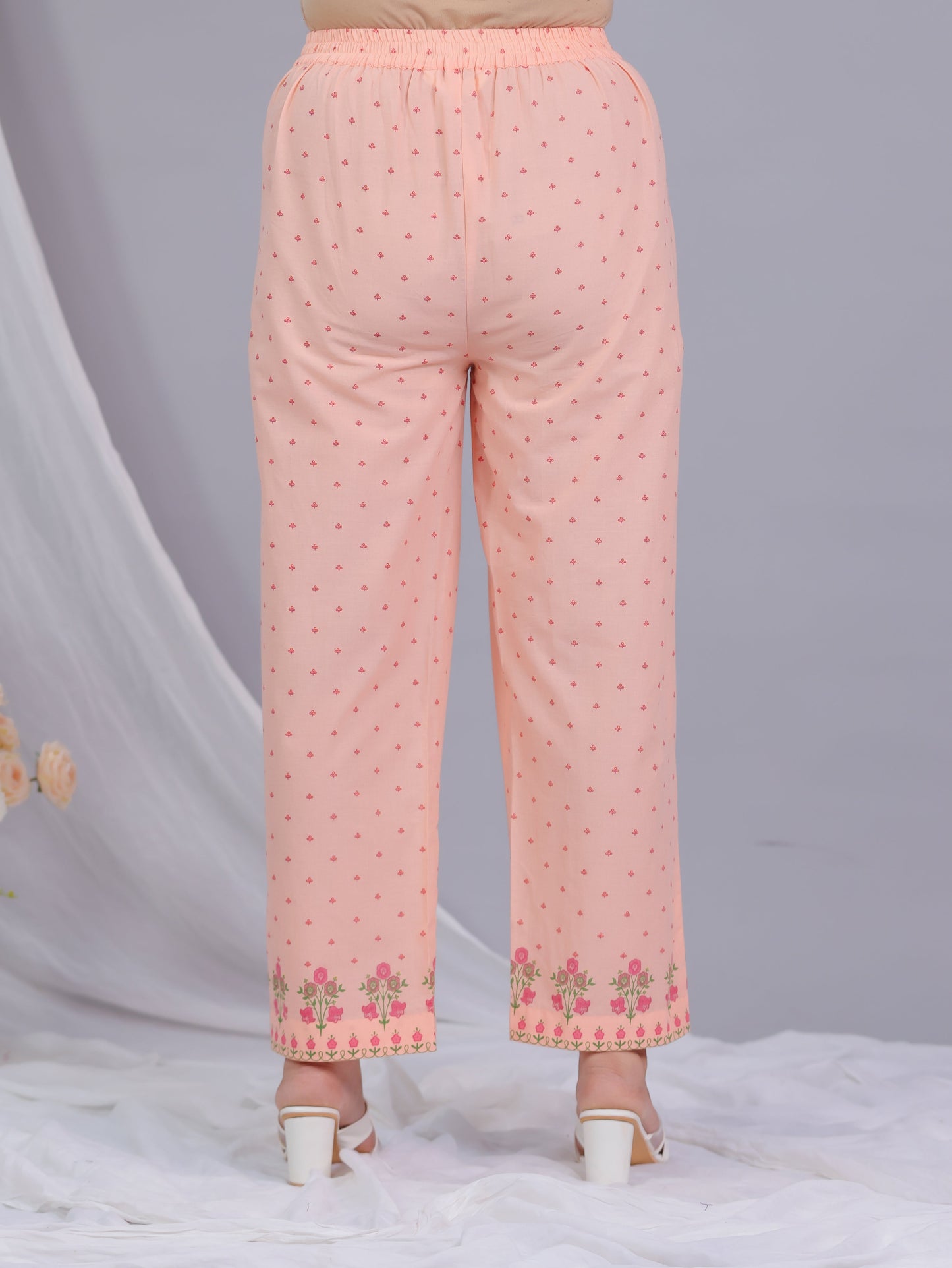 Soft Cotton Floral Peach Straight Trousers