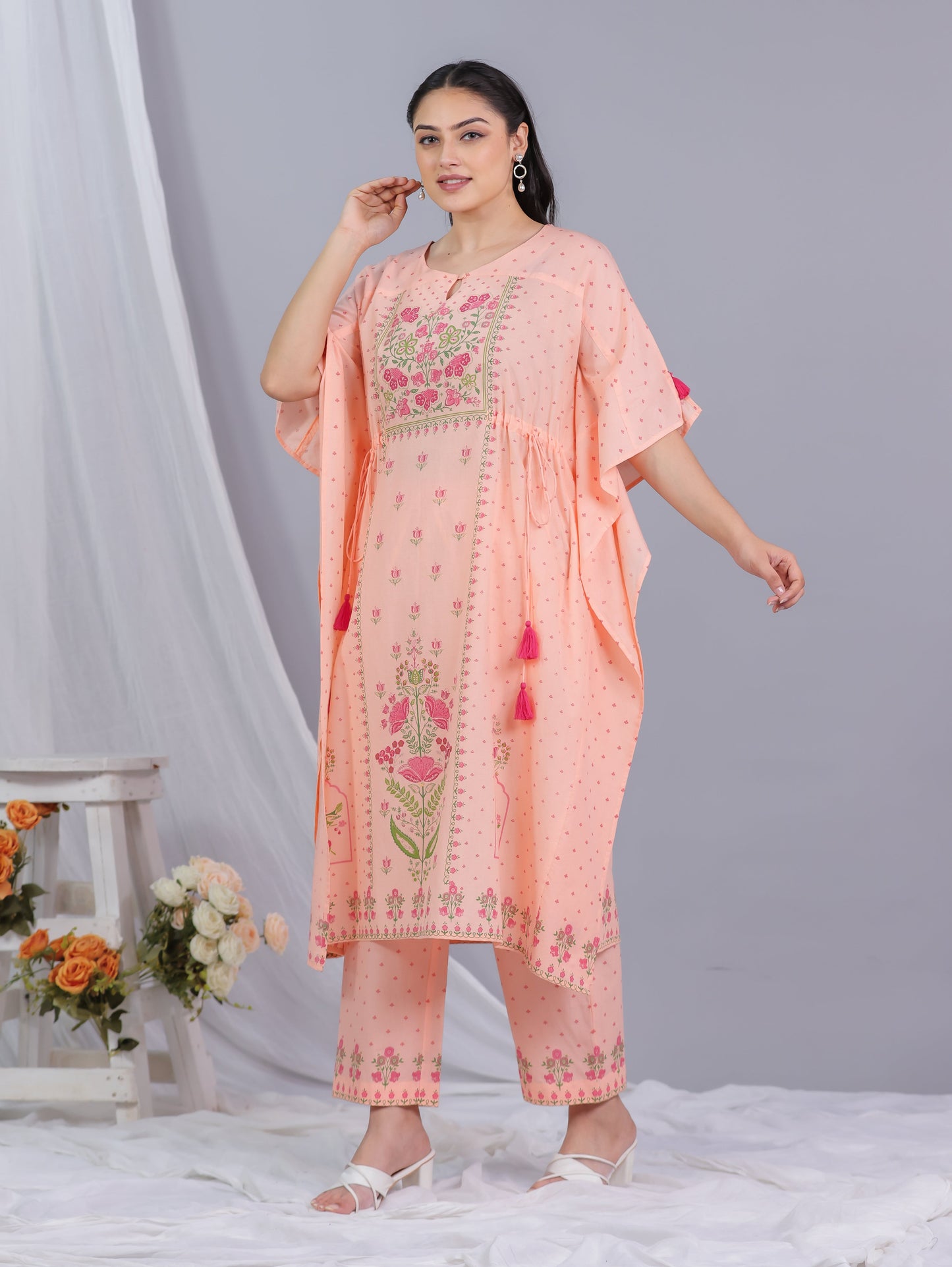 Soft Cotton Floral Kaftan Peach Kurta