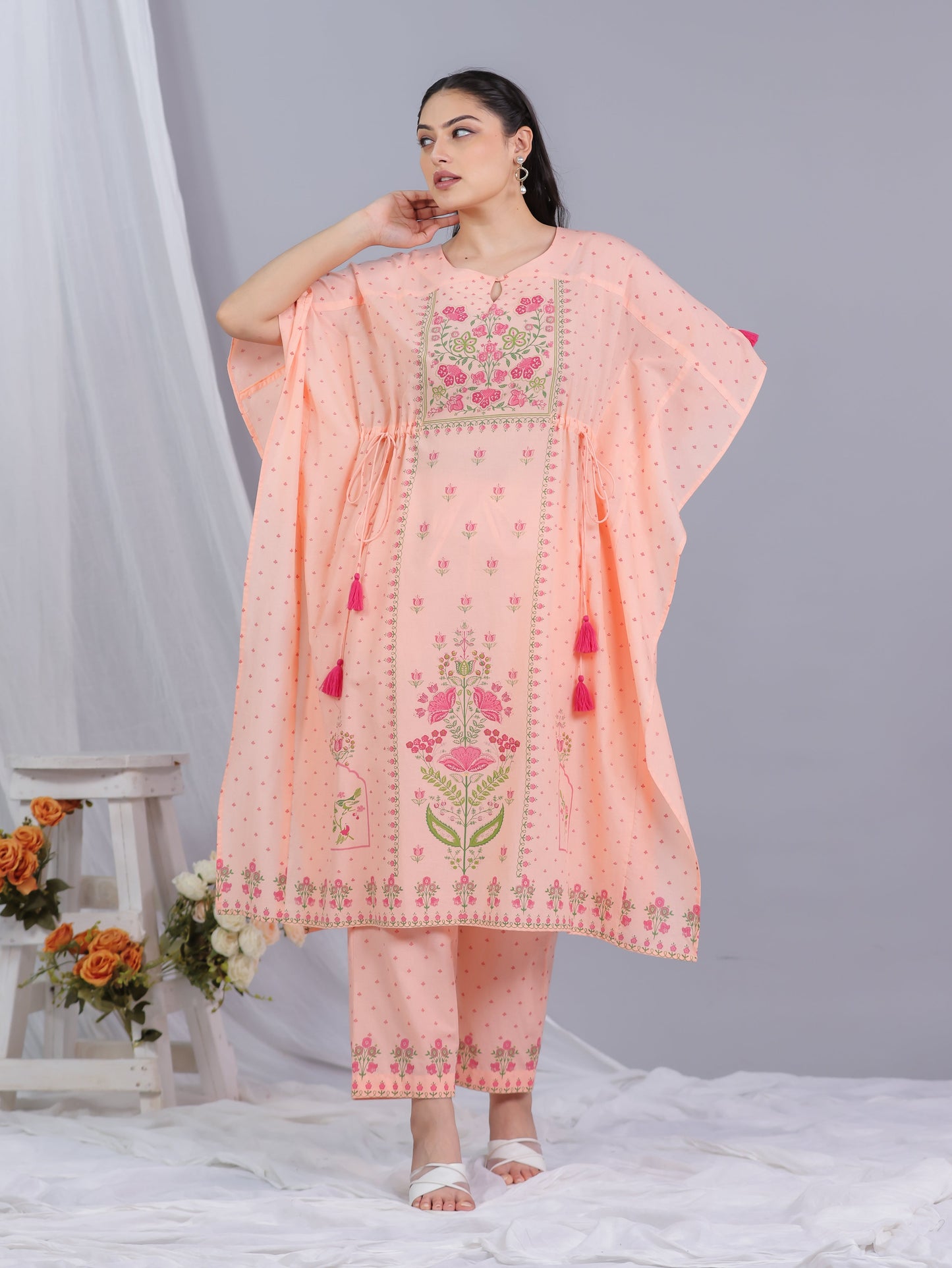 Soft Cotton Floral Kaftan Peach Kurta