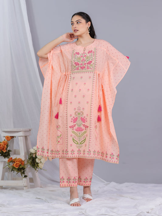 Soft Cotton Floral Kaftan Peach Kurta