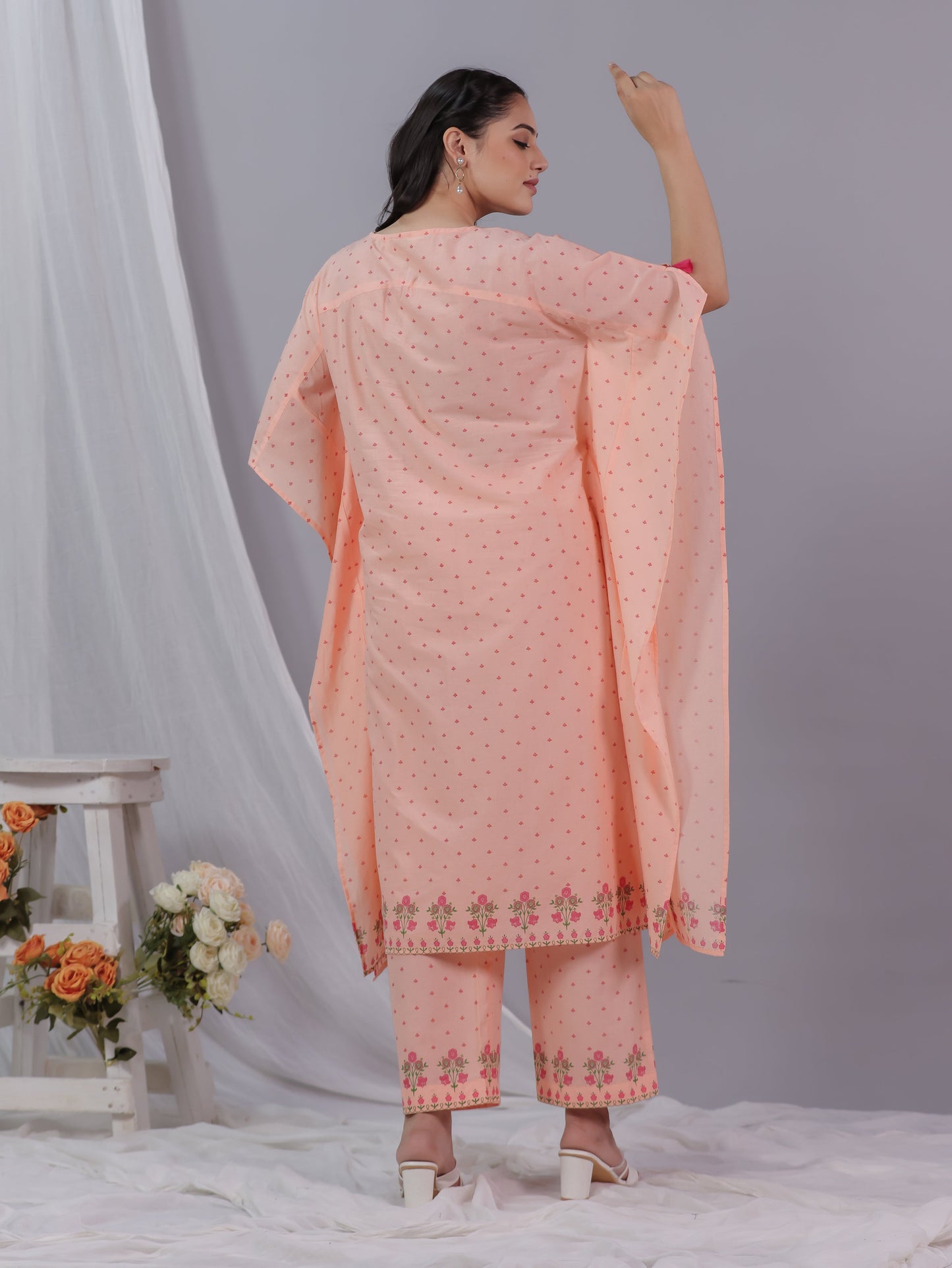 Soft Cotton Floral Kaftan Peach Kurta