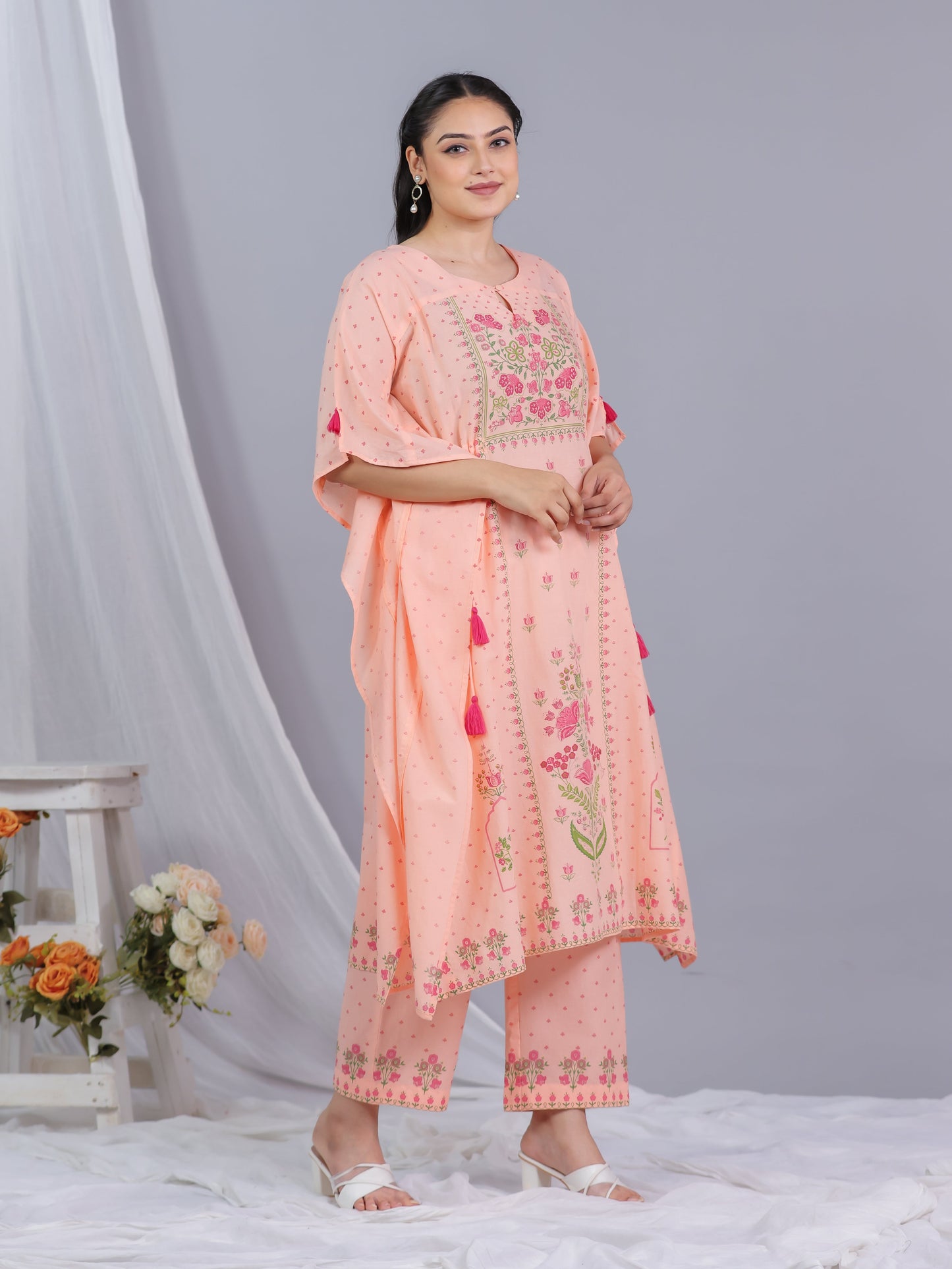 Soft Cotton Floral Kaftan Peach Kurta