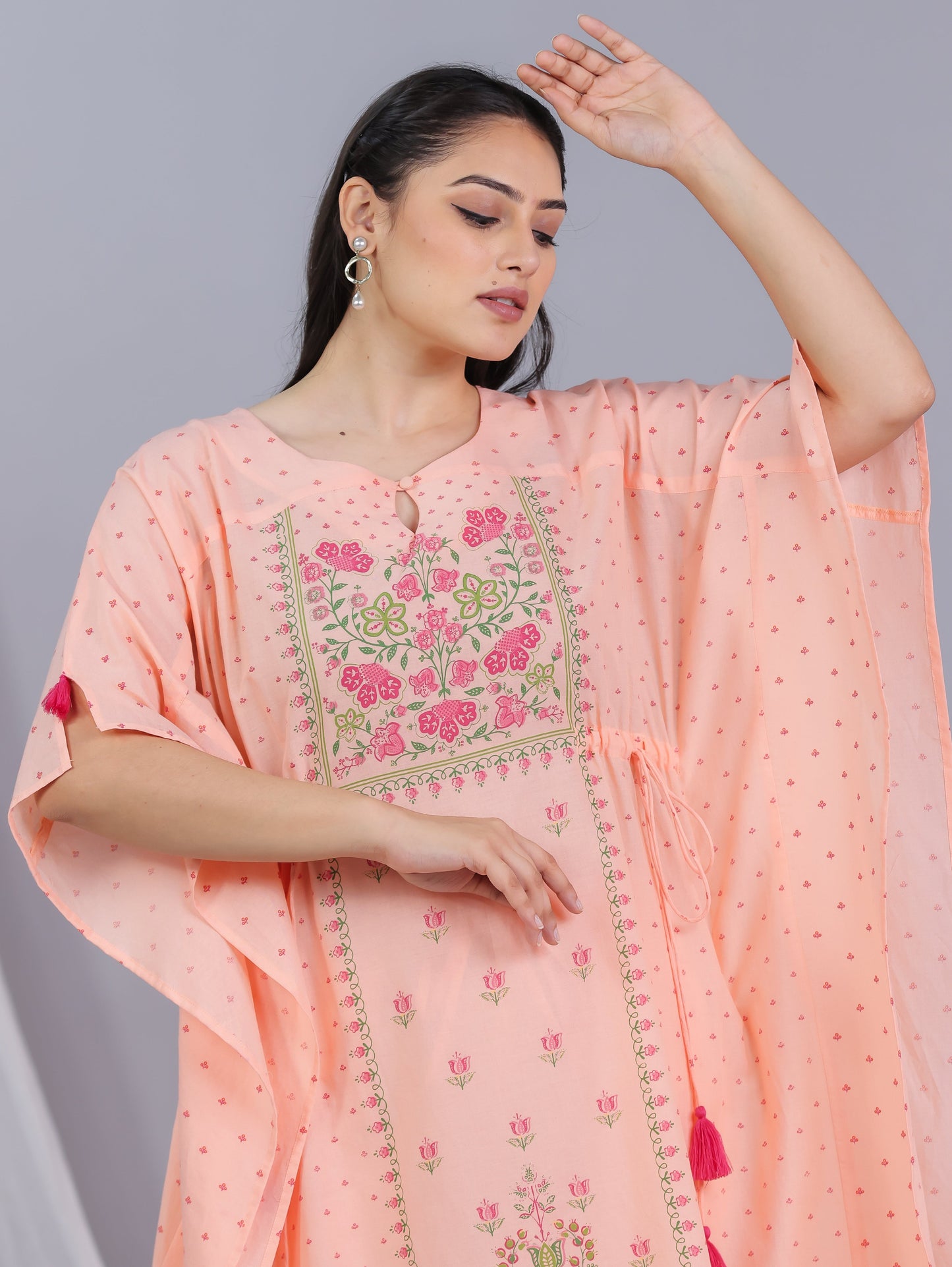 Soft Cotton Floral Kaftan Peach Kurta
