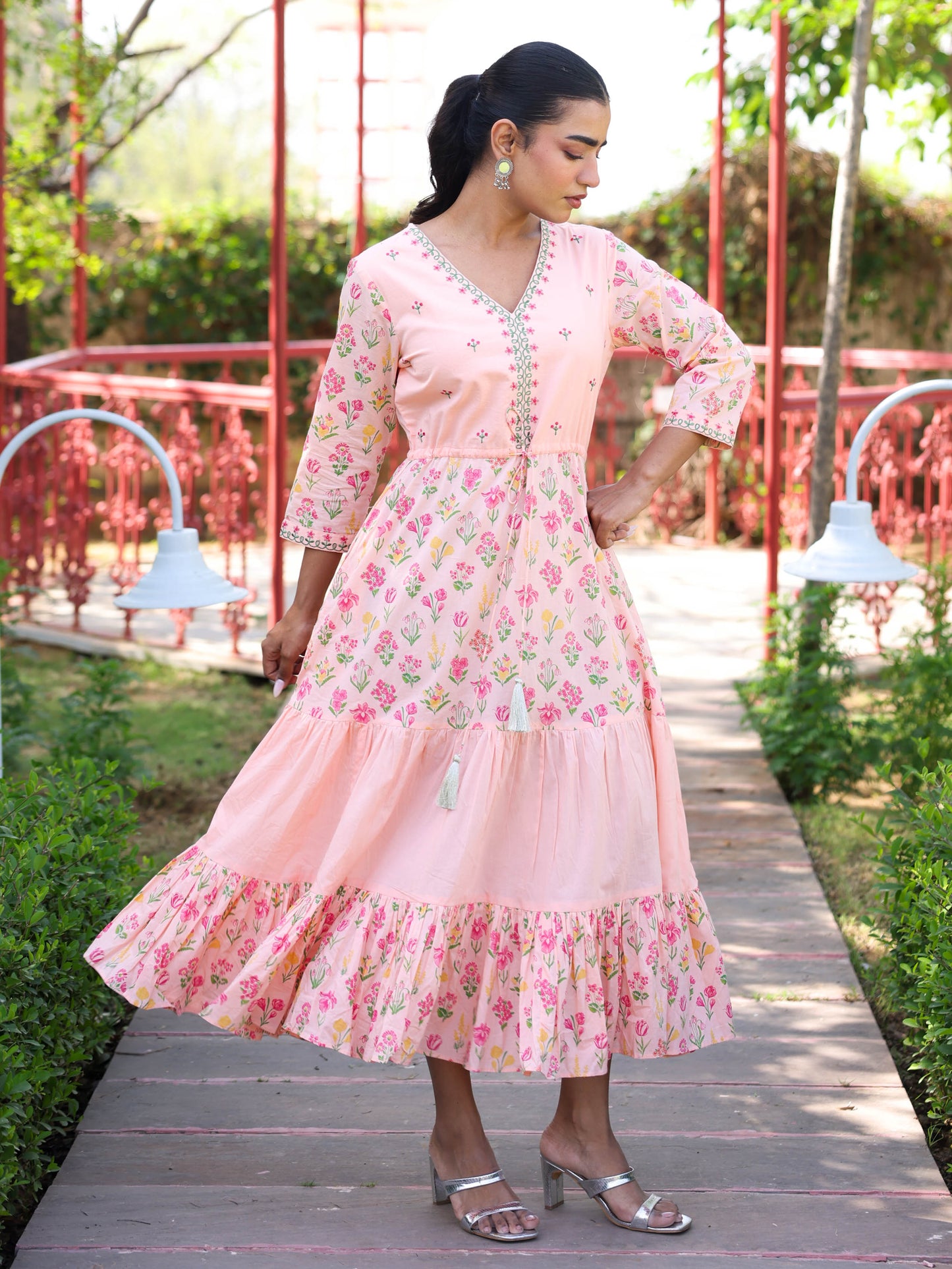Embroidered Soft Cotton Floral Anarkali Peach Dress