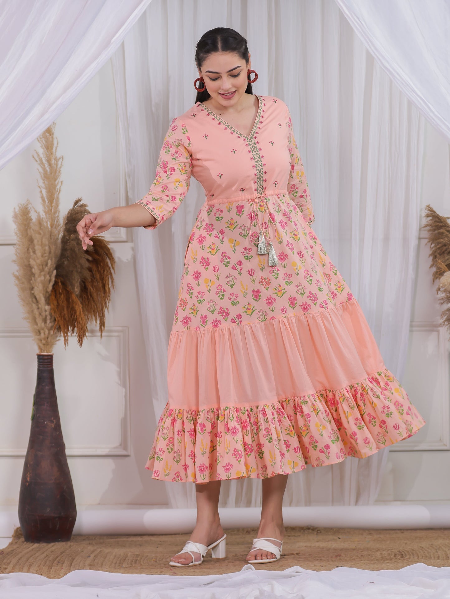 Embroidered Soft Cotton Floral Anarkali Peach Dress