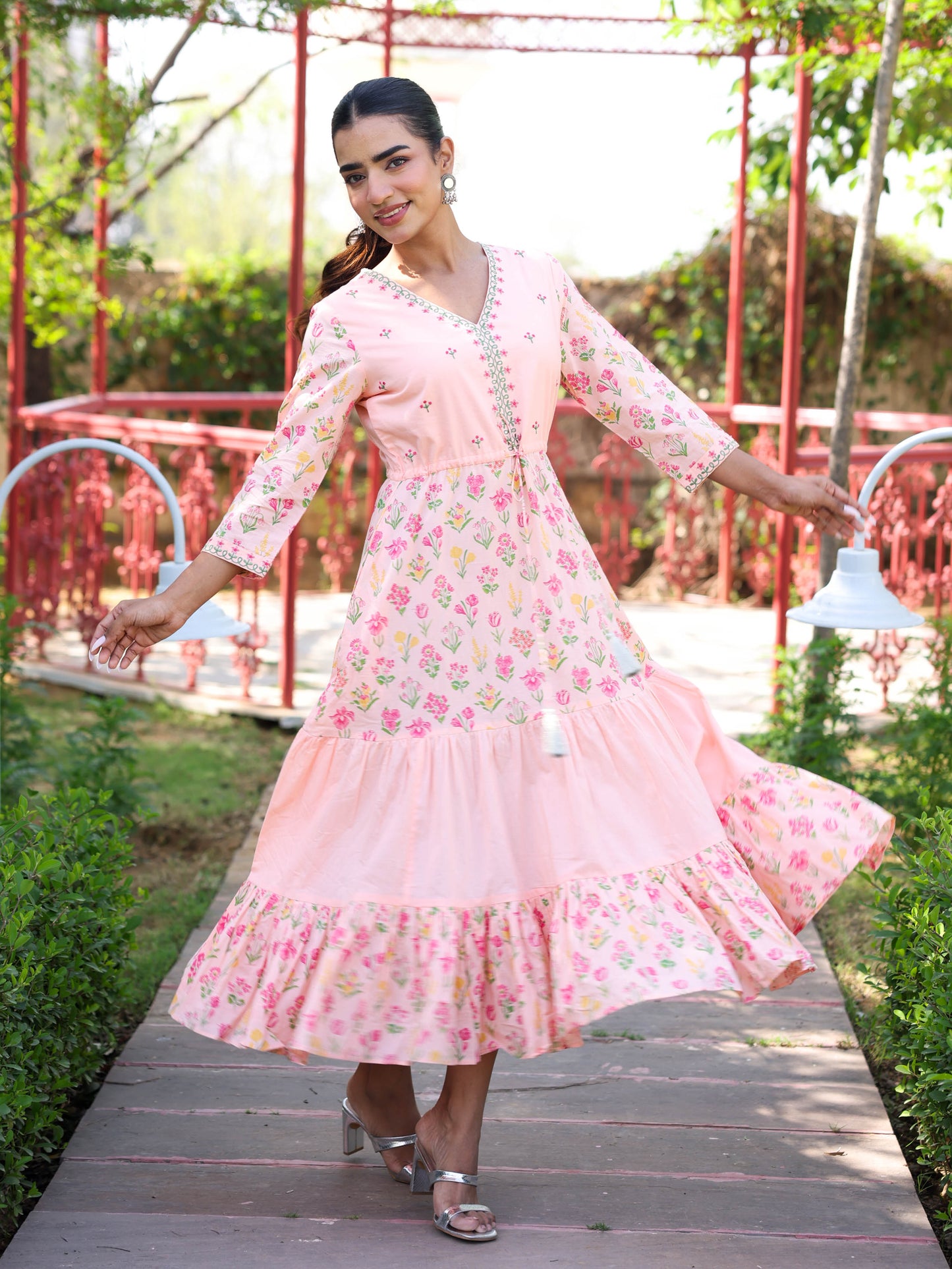 Embroidered Soft Cotton Floral Anarkali Peach Dress