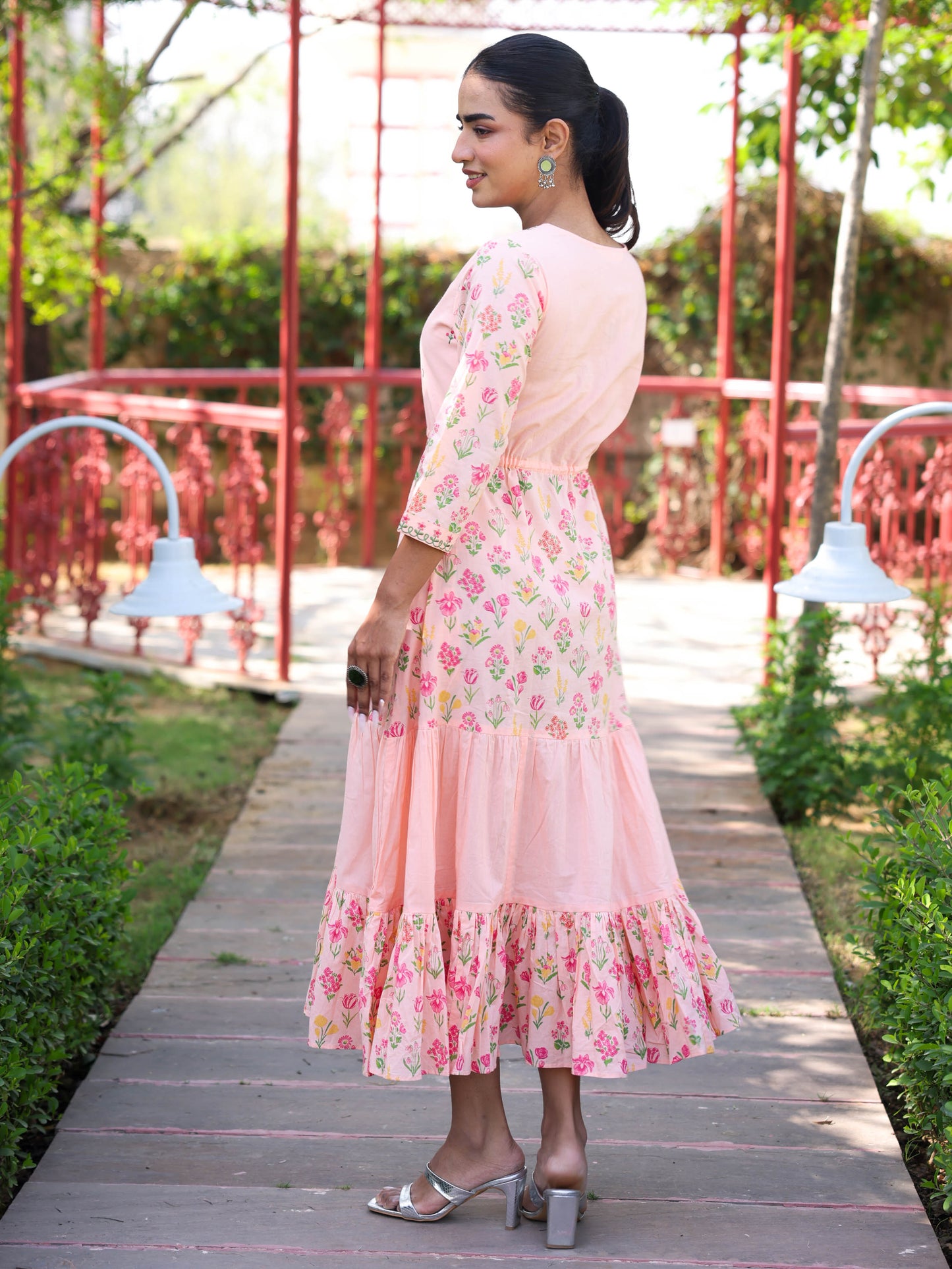 Embroidered Soft Cotton Floral Anarkali Peach Dress