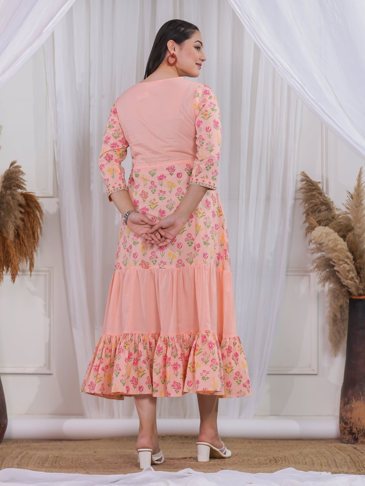 Embroidered Soft Cotton Floral Anarkali Peach Dress