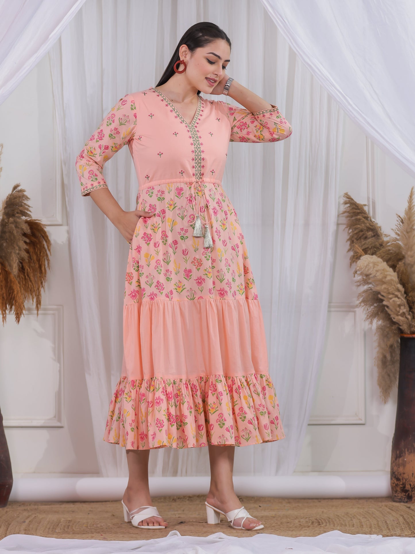 Embroidered Soft Cotton Floral Anarkali Peach Dress