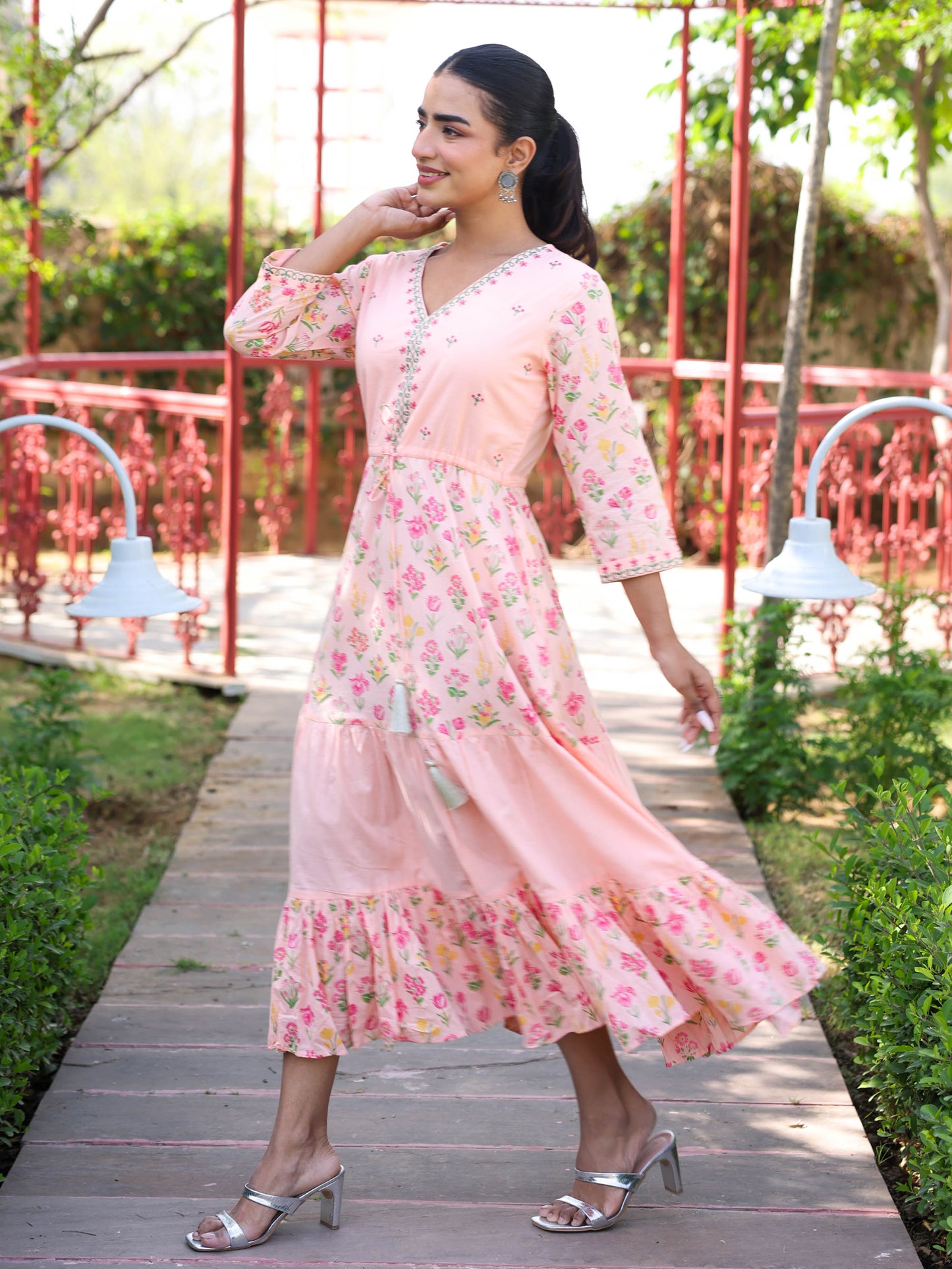 Embroidered Soft Cotton Floral Anarkali Peach Dress