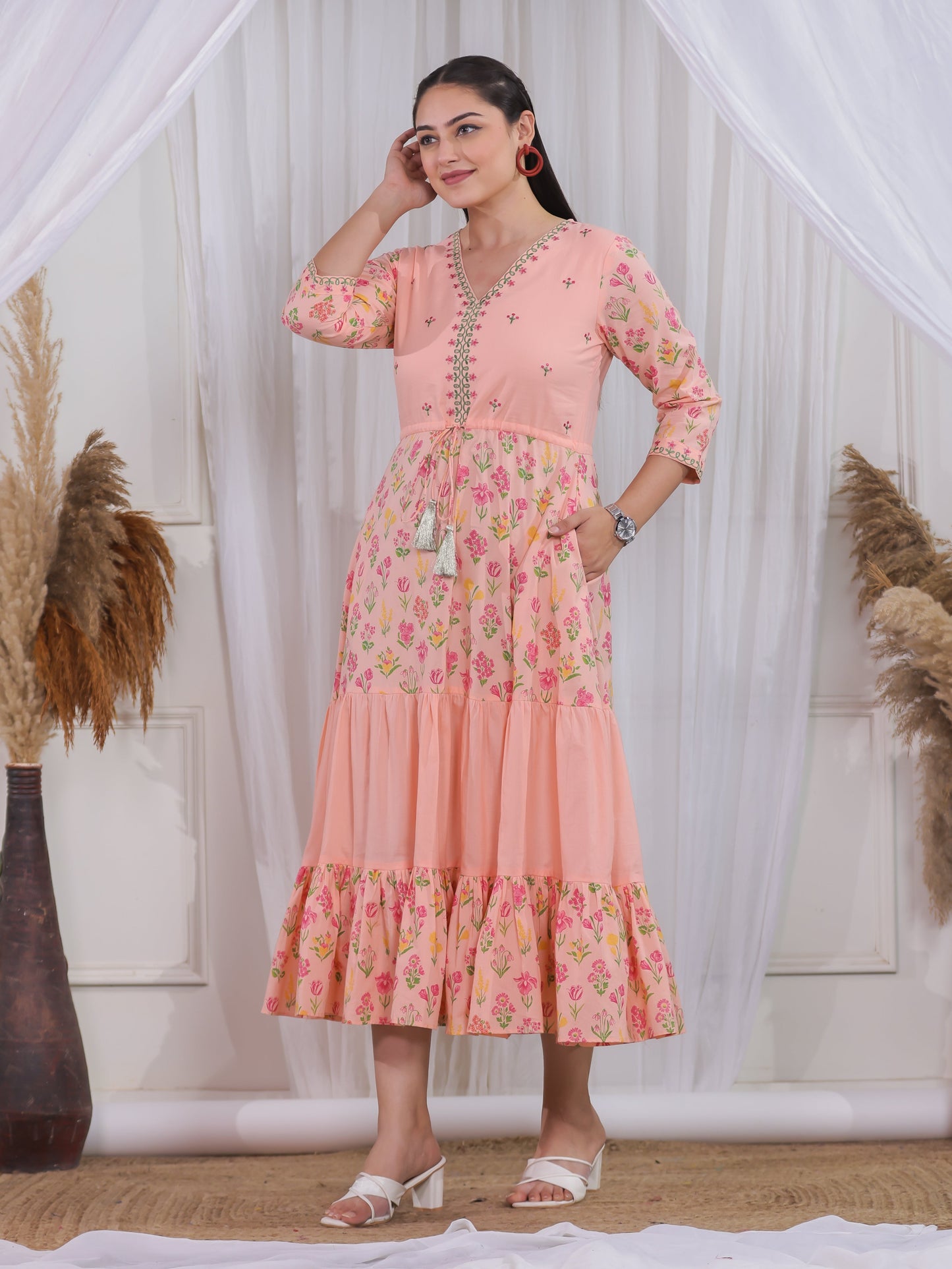Embroidered Soft Cotton Floral Anarkali Peach Dress