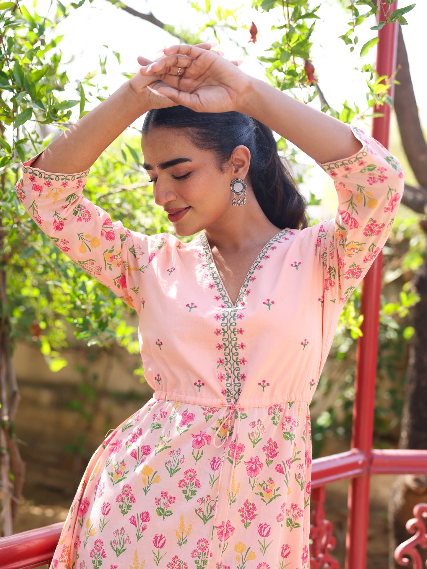Embroidered Soft Cotton Floral Anarkali Peach Dress