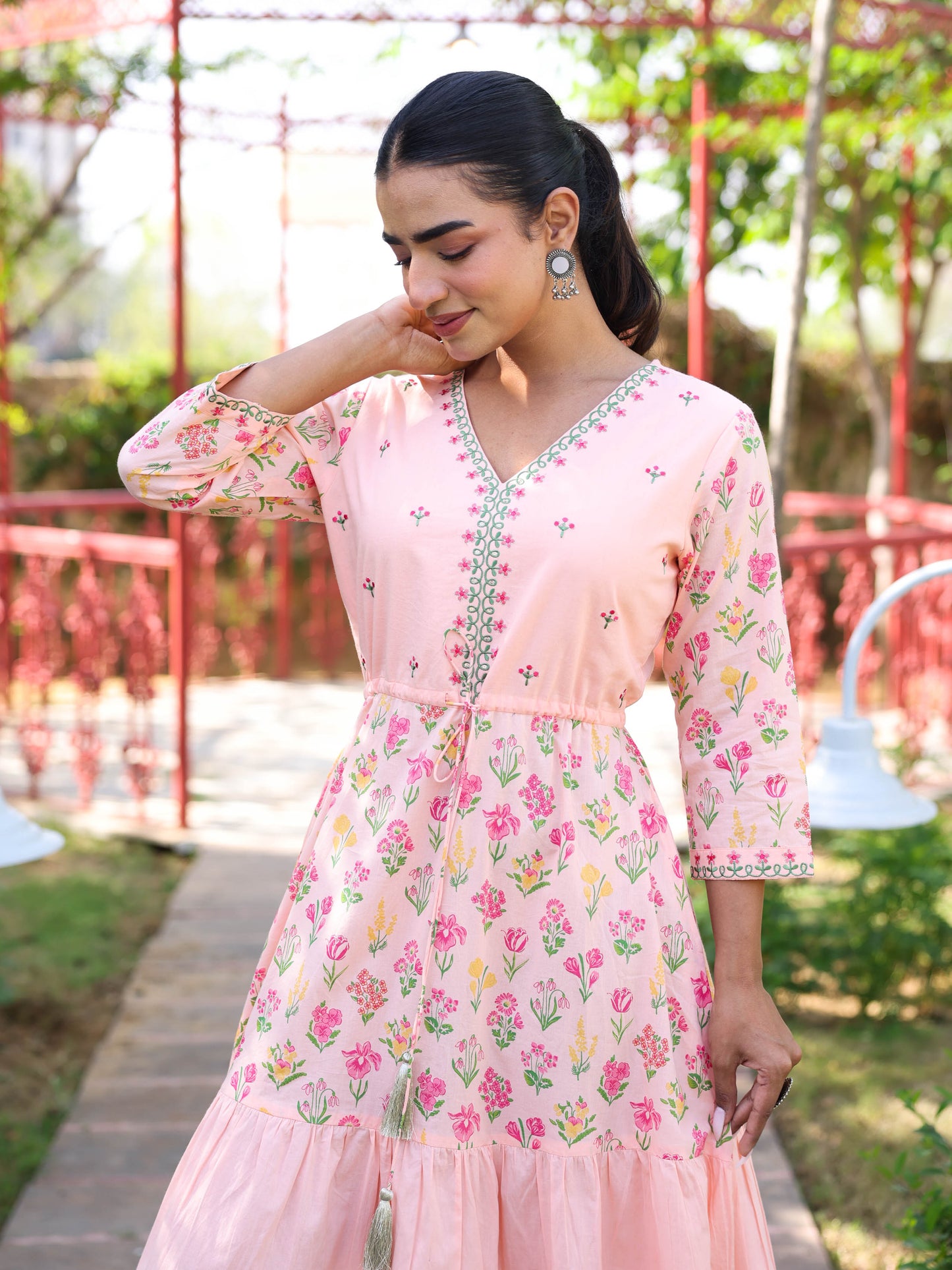 Embroidered Soft Cotton Floral Anarkali Peach Dress