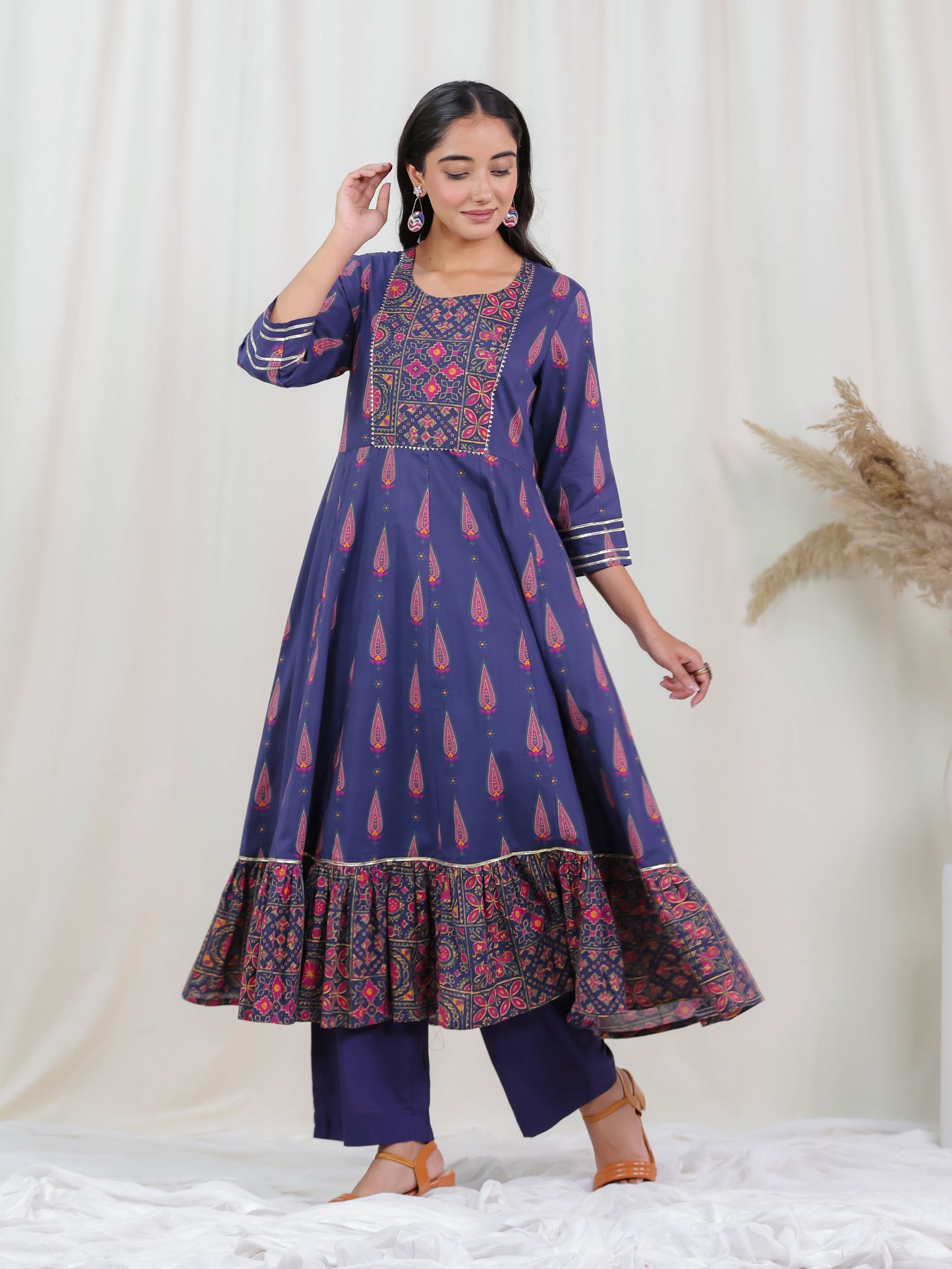 Soft Cotton Mughal Print Anarkali Purple Kurta