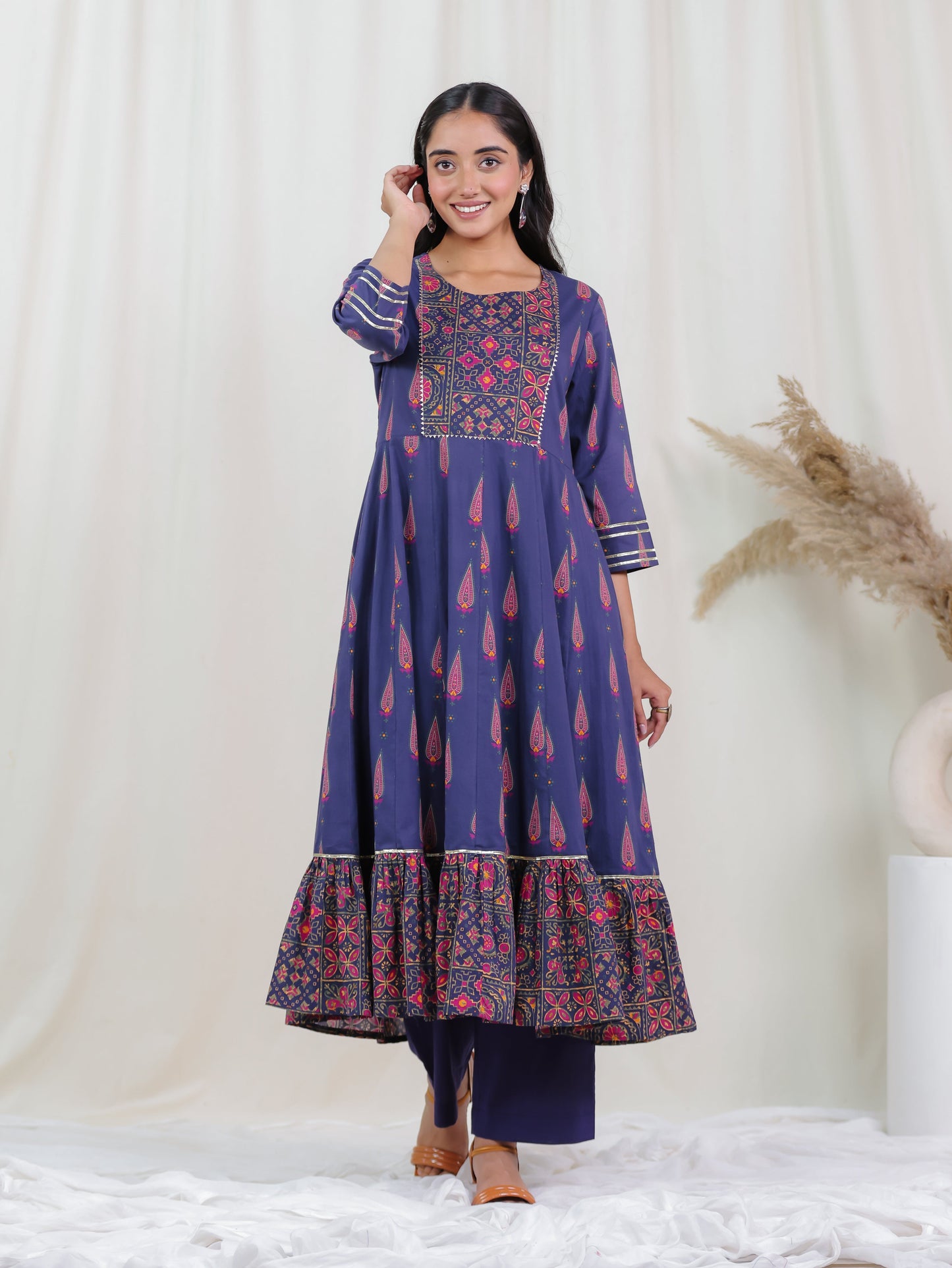 Soft Cotton Mughal Print Anarkali Purple Kurta