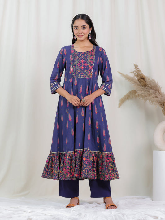 Soft Cotton Mughal Print Anarkali Purple Kurta