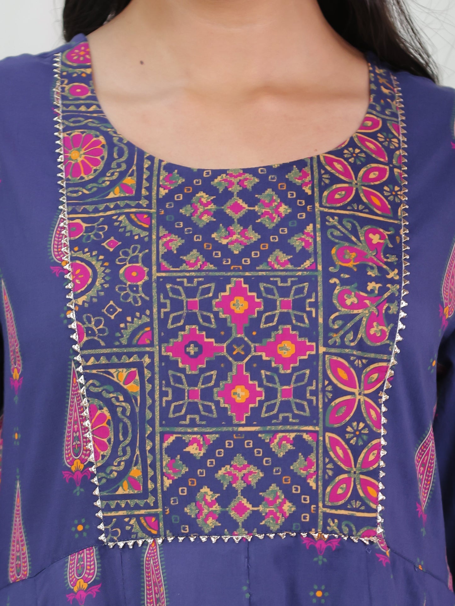 Soft Cotton Mughal Print Anarkali Purple Kurta