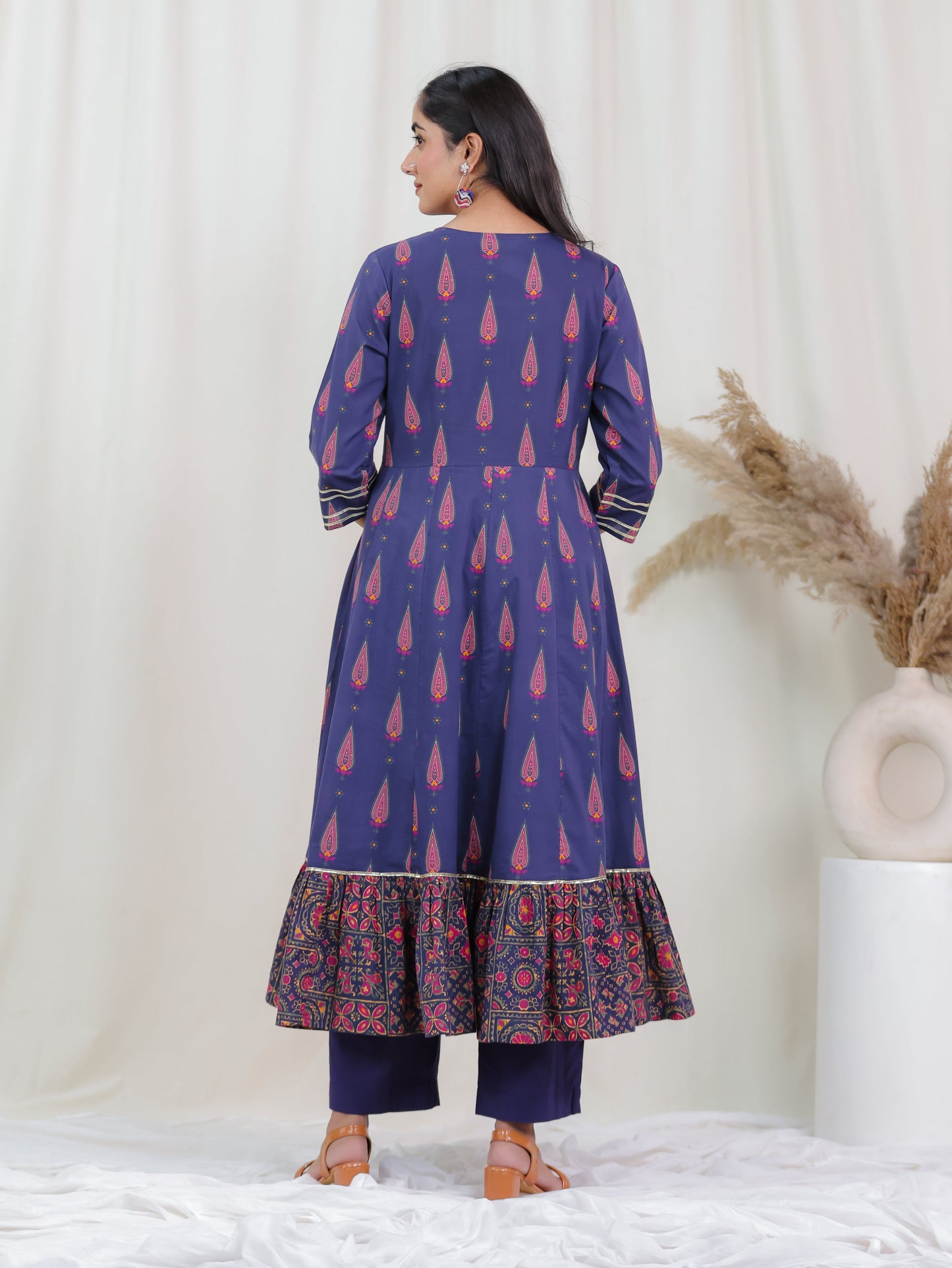 Soft Cotton Mughal Print Anarkali Purple Kurta